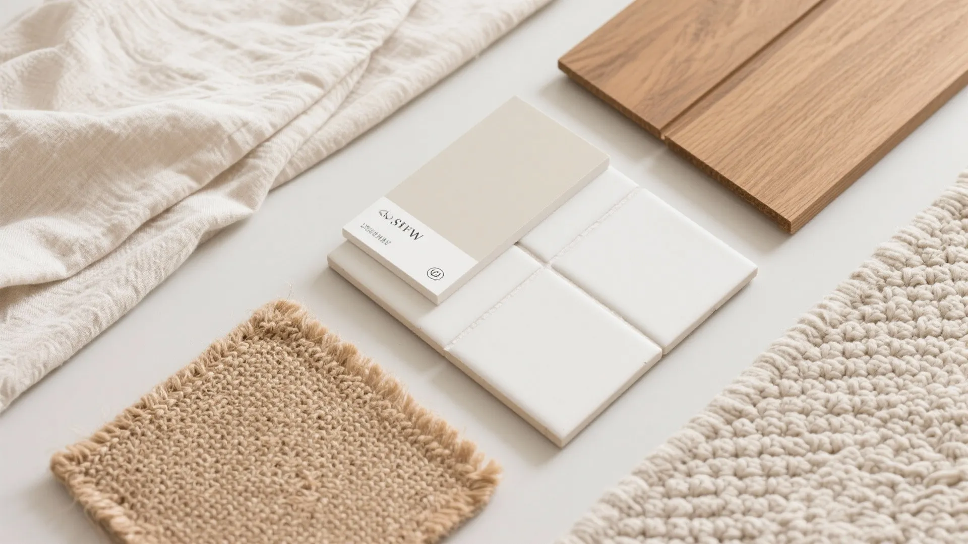 Interior design material samples with white tiles wood flooring beige paint and soft fabric textures