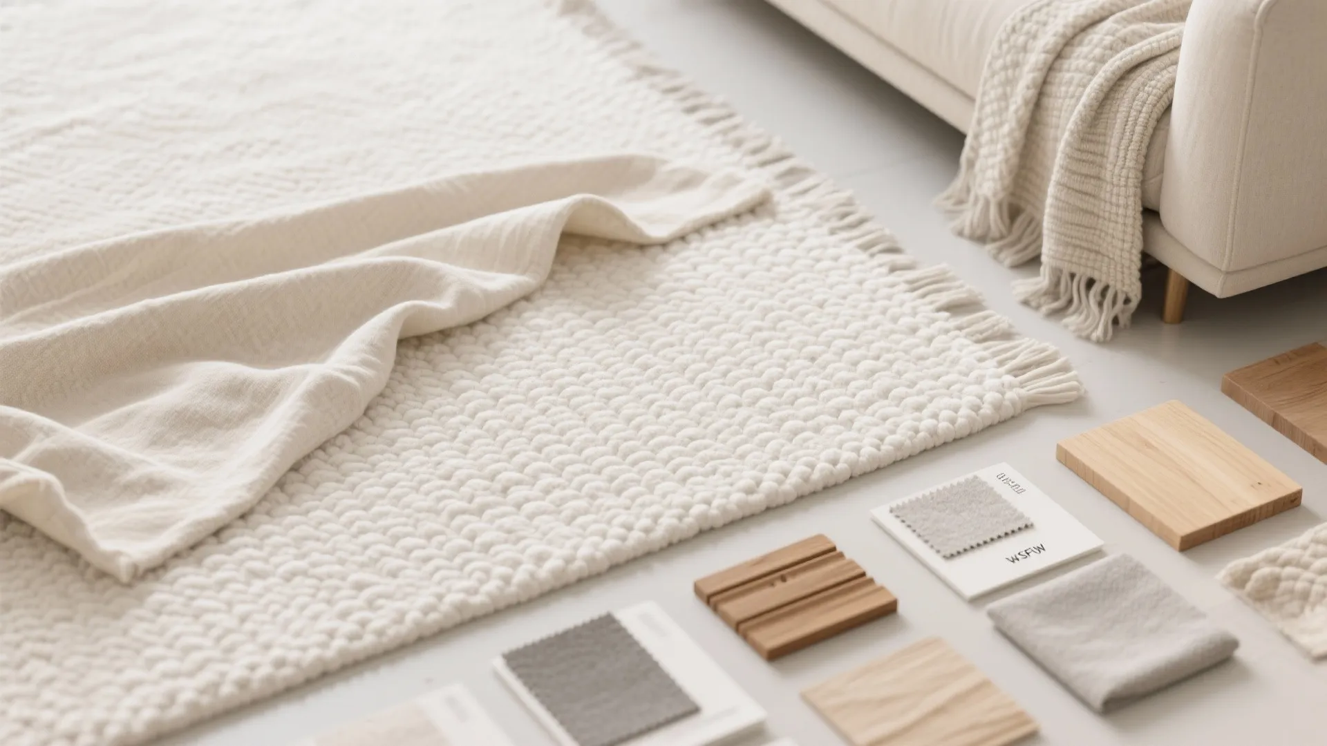 Close up view of white textured rug with wood samples and fabric swatches on floor