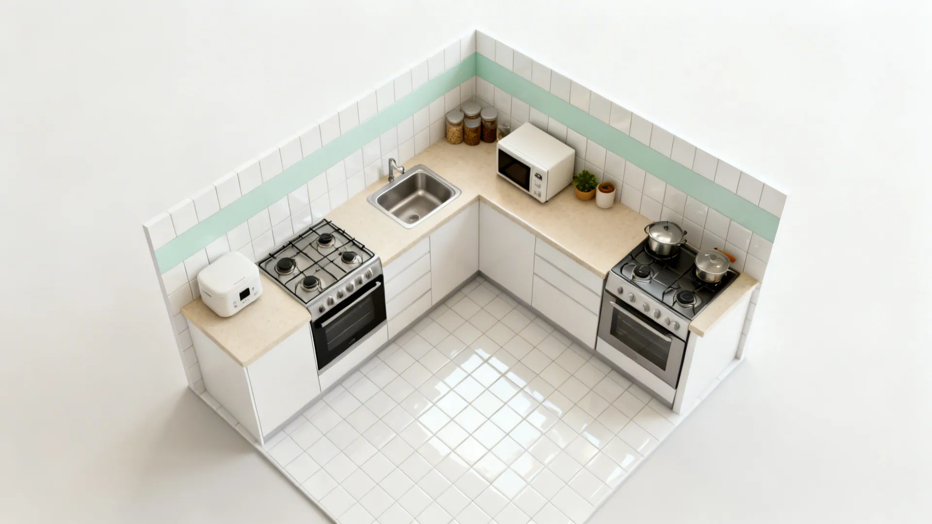Top-down view of an L-shaped Kerala kitchen with pale tiles and a light sage accent band.