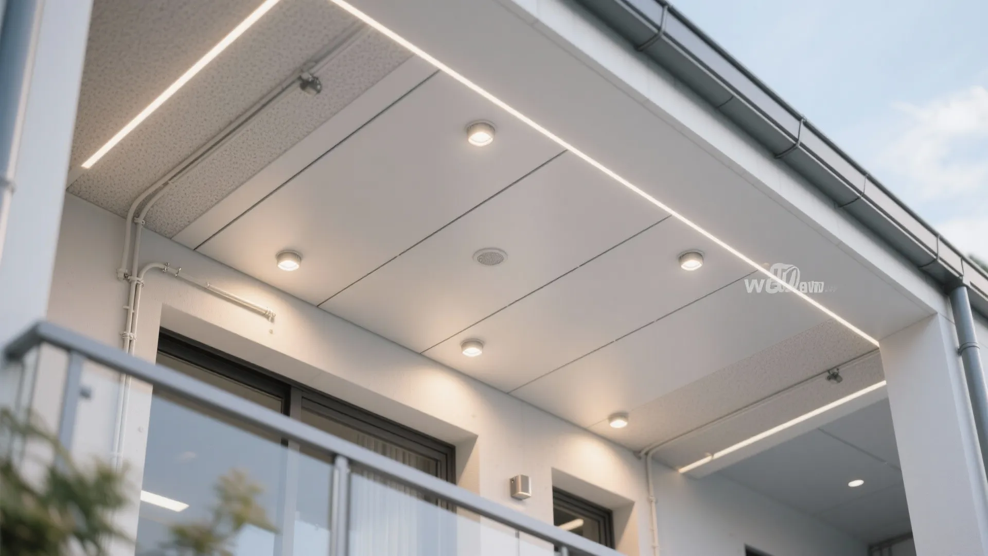 White balcony ceiling showing small round lights and a glass railing under a blue sky