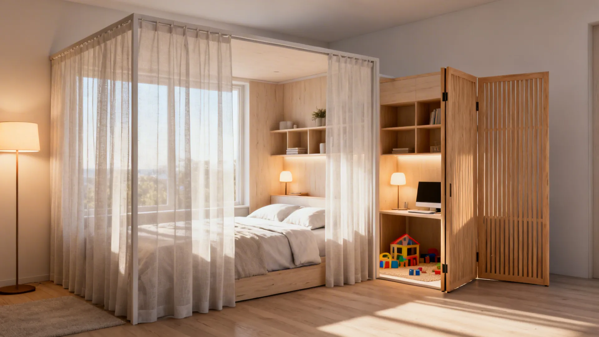 Small bedroom with a sheer curtain and folding screen creating flexible separation.
