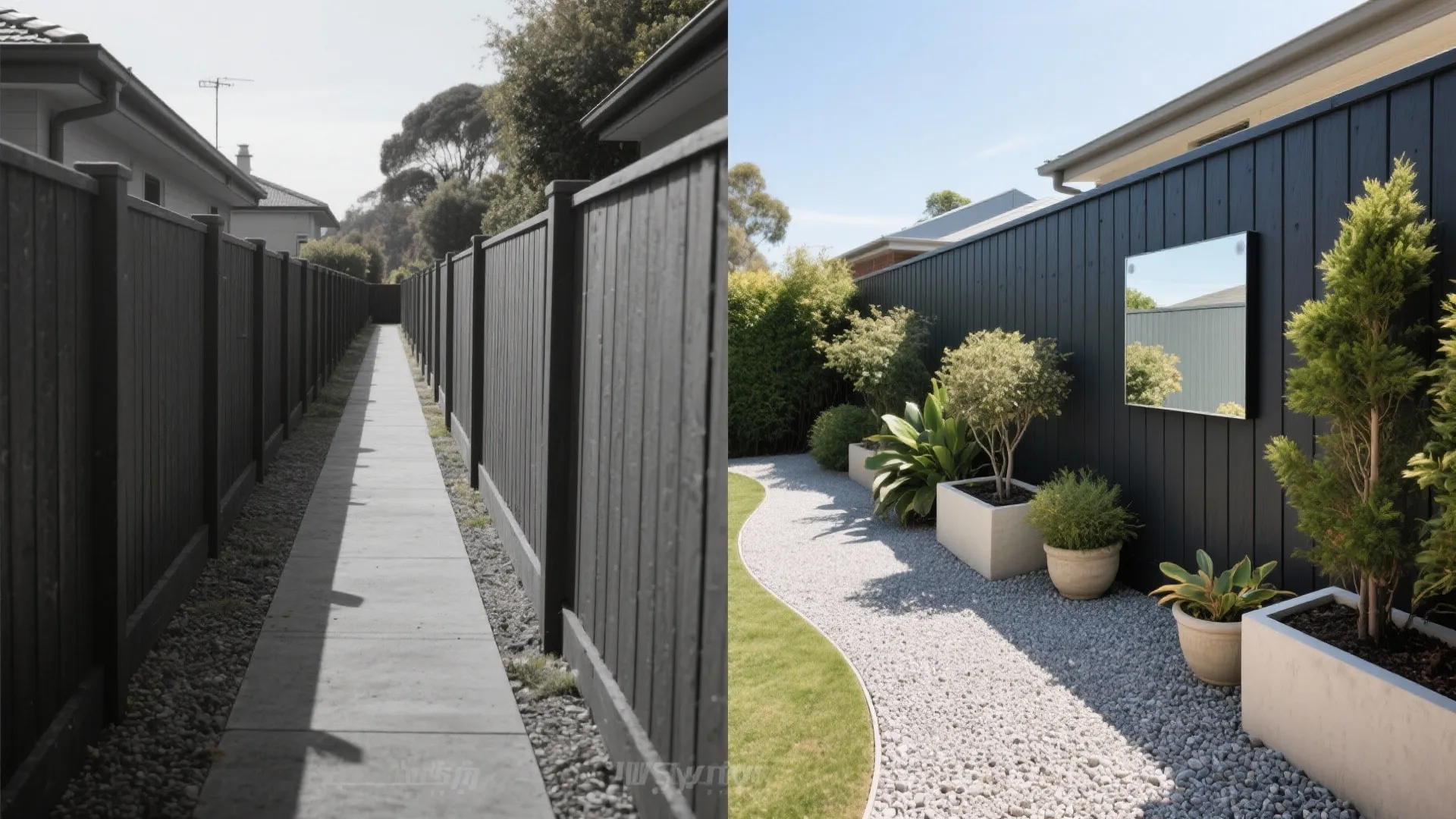 Before and after comparison of narrow grey fence path transformed into garden with white gravel