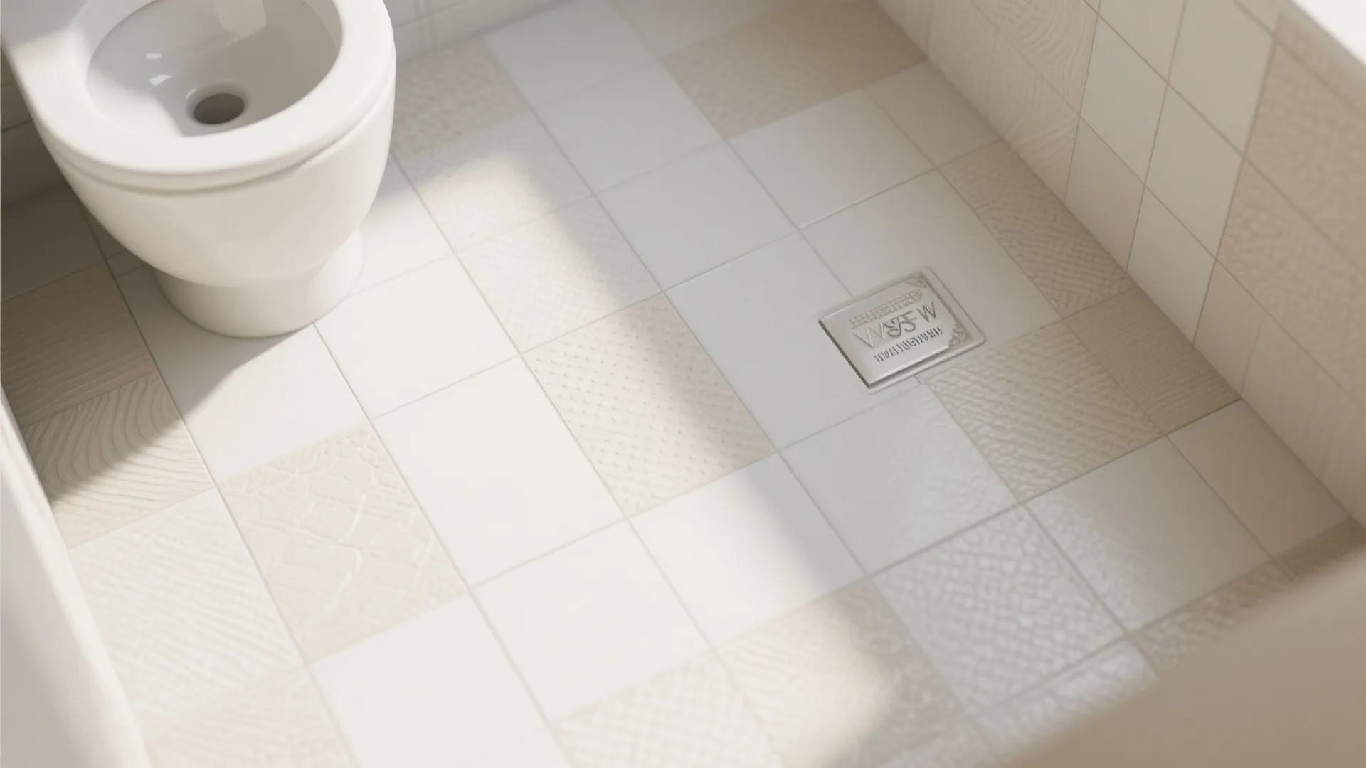 Modern bathroom floor with cream patterned tiles and white square tiles next to a toilet