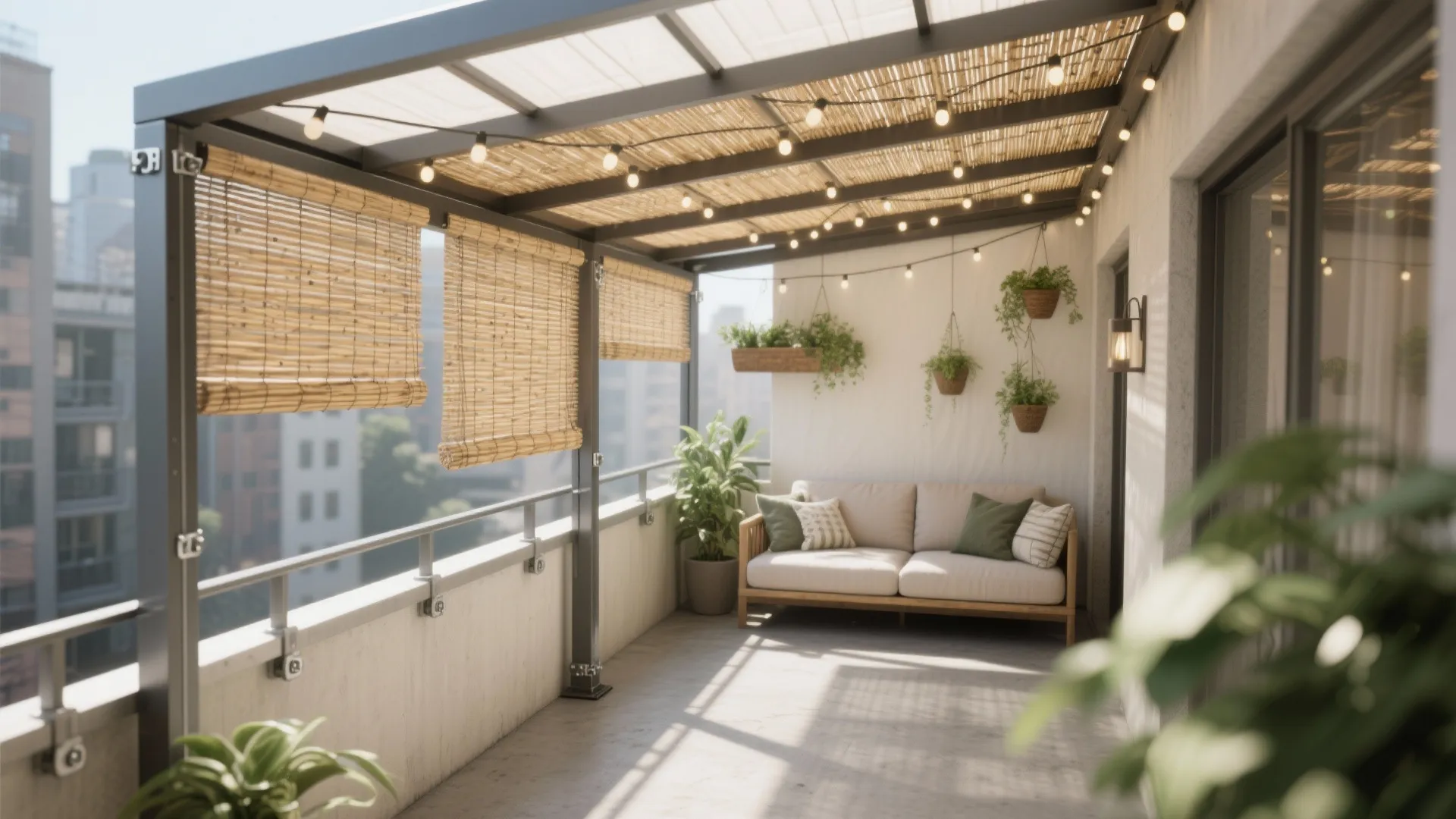 Cozy apartment balcony with bamboo curtains, string lights, sofa, hanging plants, and a city background