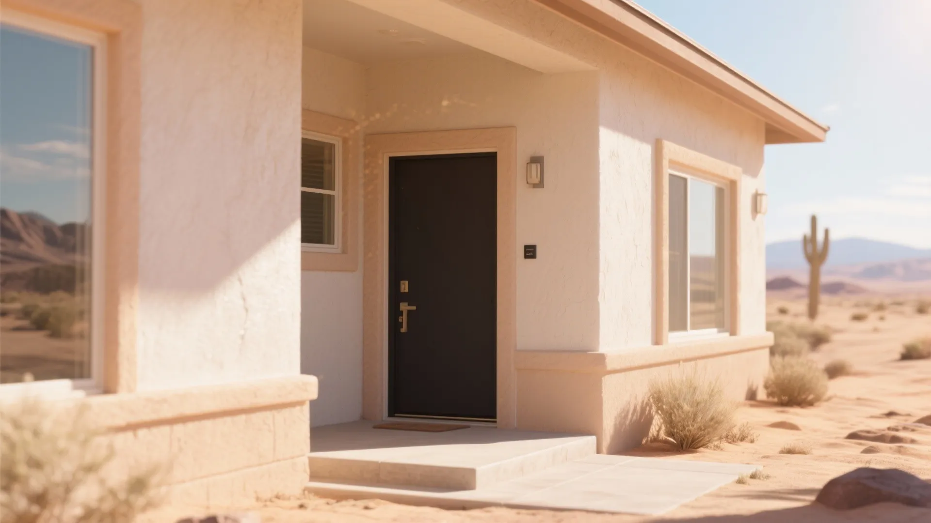 Modern desert house with white walls black front door wall light and outdoor sand landscape