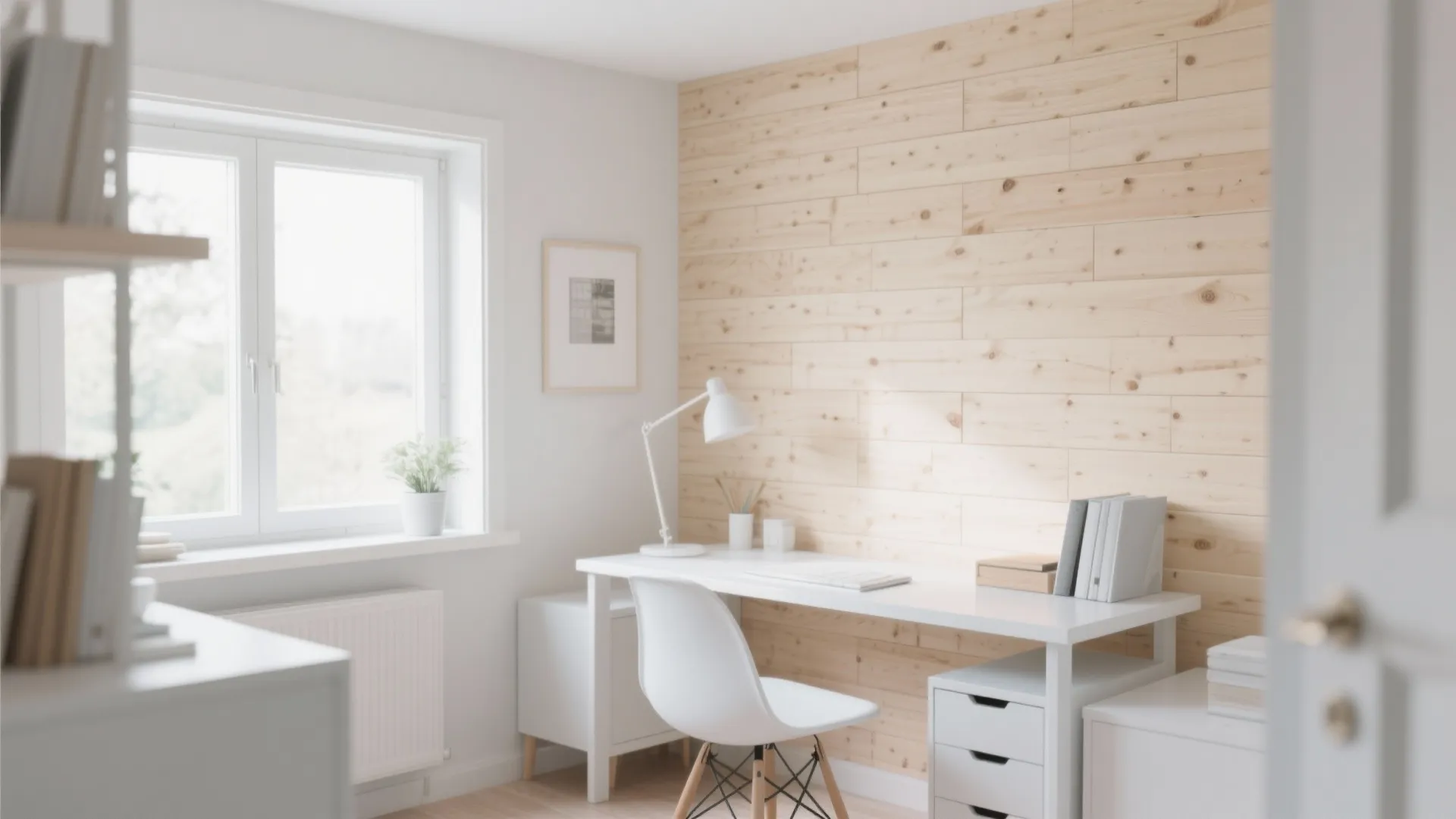 Bright home office featuring light wood wall panel white desk chair lamp window and plants