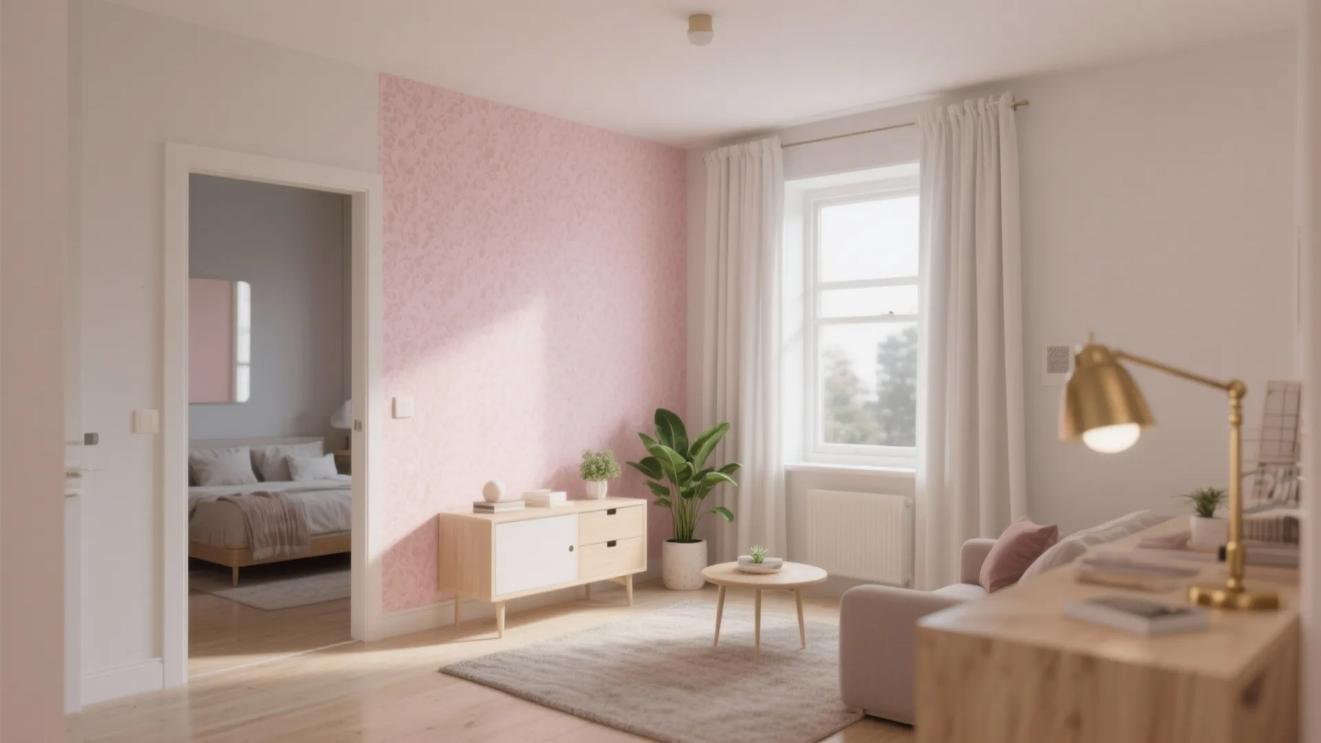 Small studio apartment with pink wallpaper wooden furniture white curtains and view into the bedroom