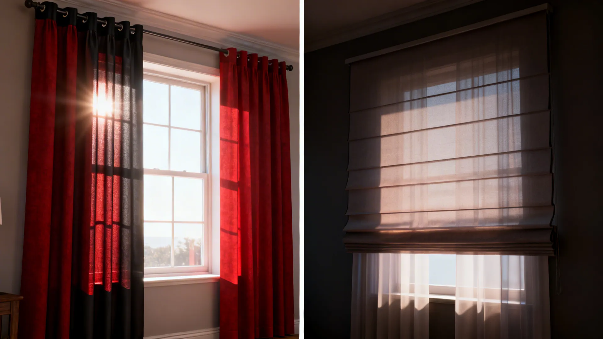 Split-scene showing sun-exposed room with UV-lined curtains and a darker room with sheer layers
