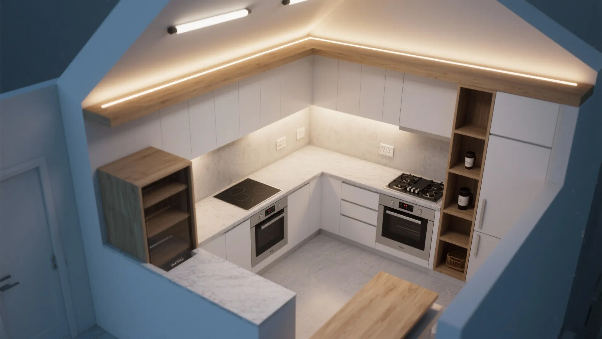 White kitchen interior design drawing with wooden shelves warm lighting and modern appliances in small space