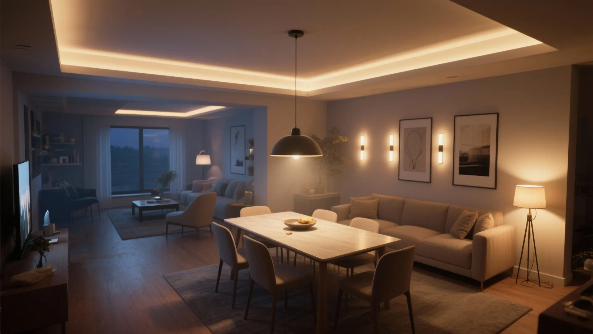 Layered lighting that shifts from dining to lounge