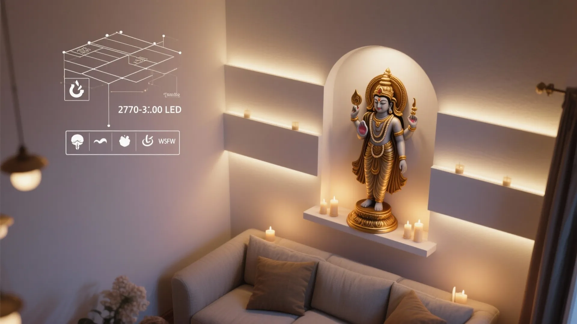 Modern living room lighting plan with LED light strips behind wall panels and a statue