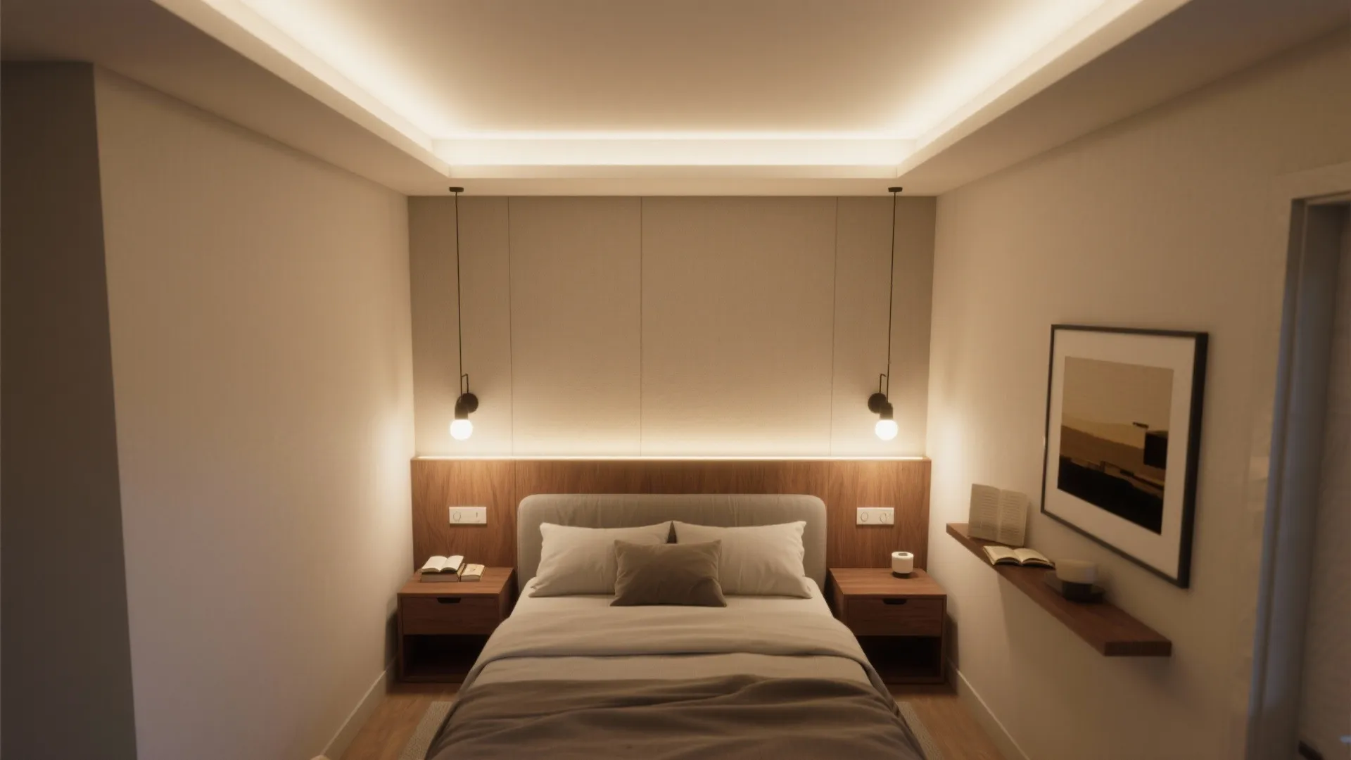 Small modern bedroom featuring a bed with warm ceiling lights and a wooden wall panel