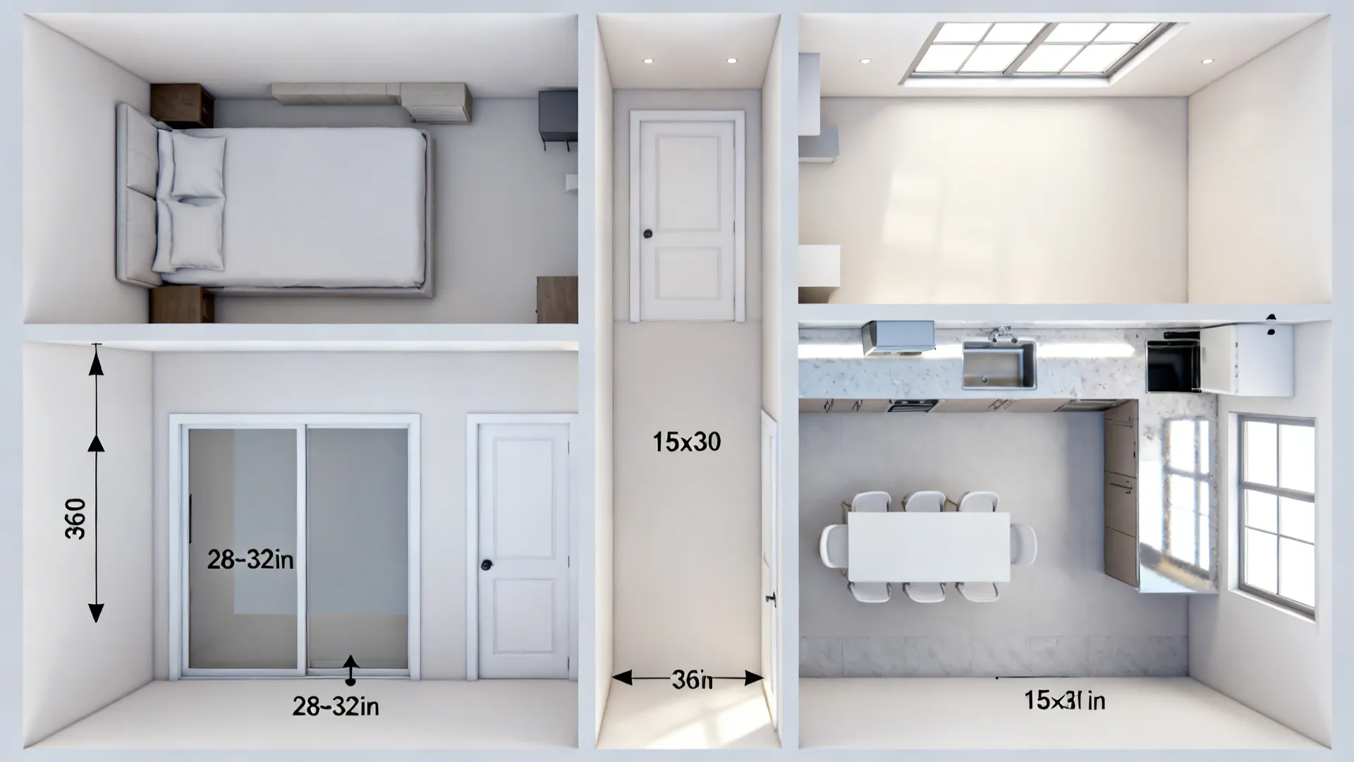 Three dimensional interior design drawing showing room layout with specific dimensions for bedroom and kitchen