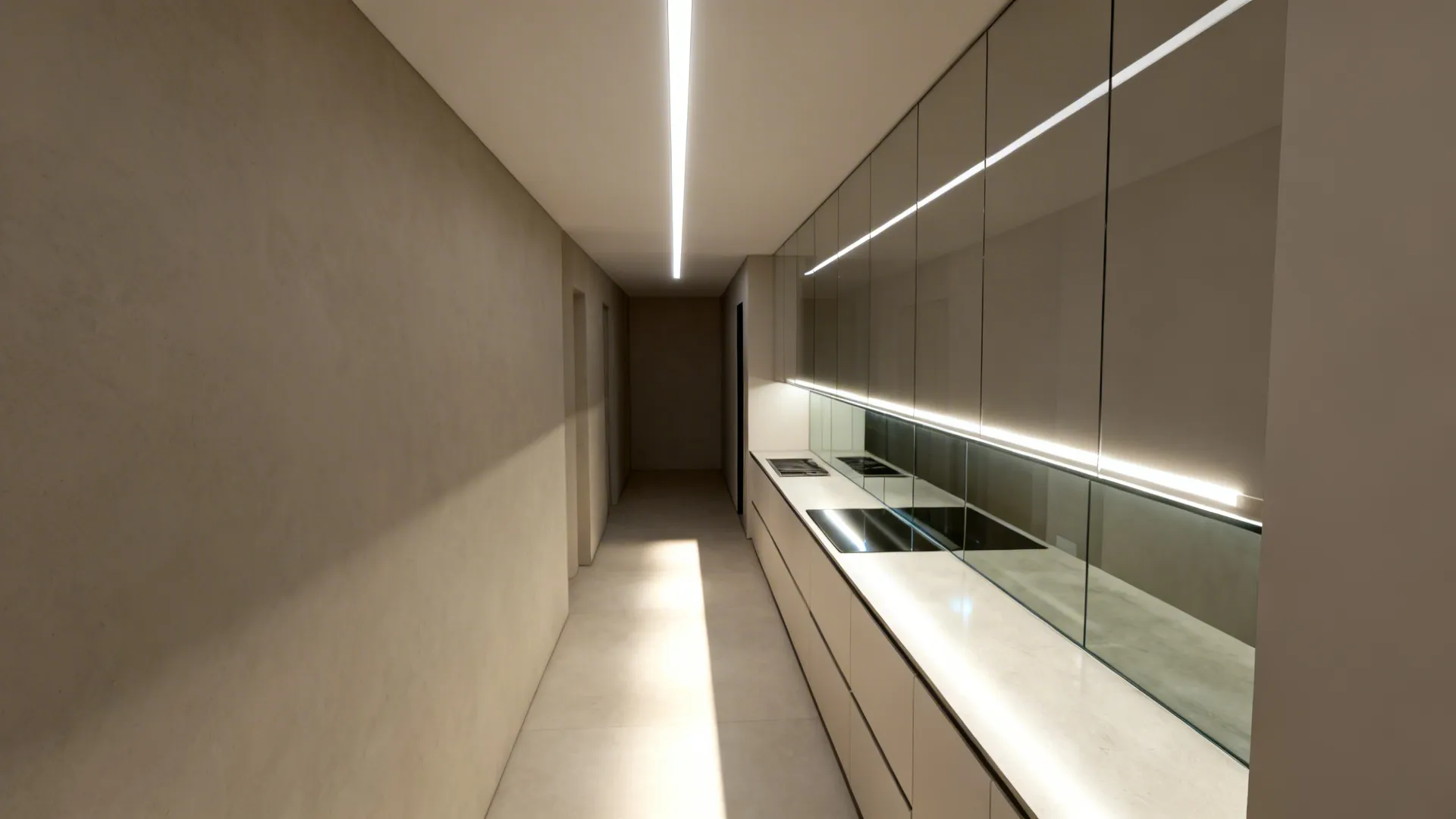 Top-view sequence illustrating linear lights and glass backsplash brightening a center corridor.