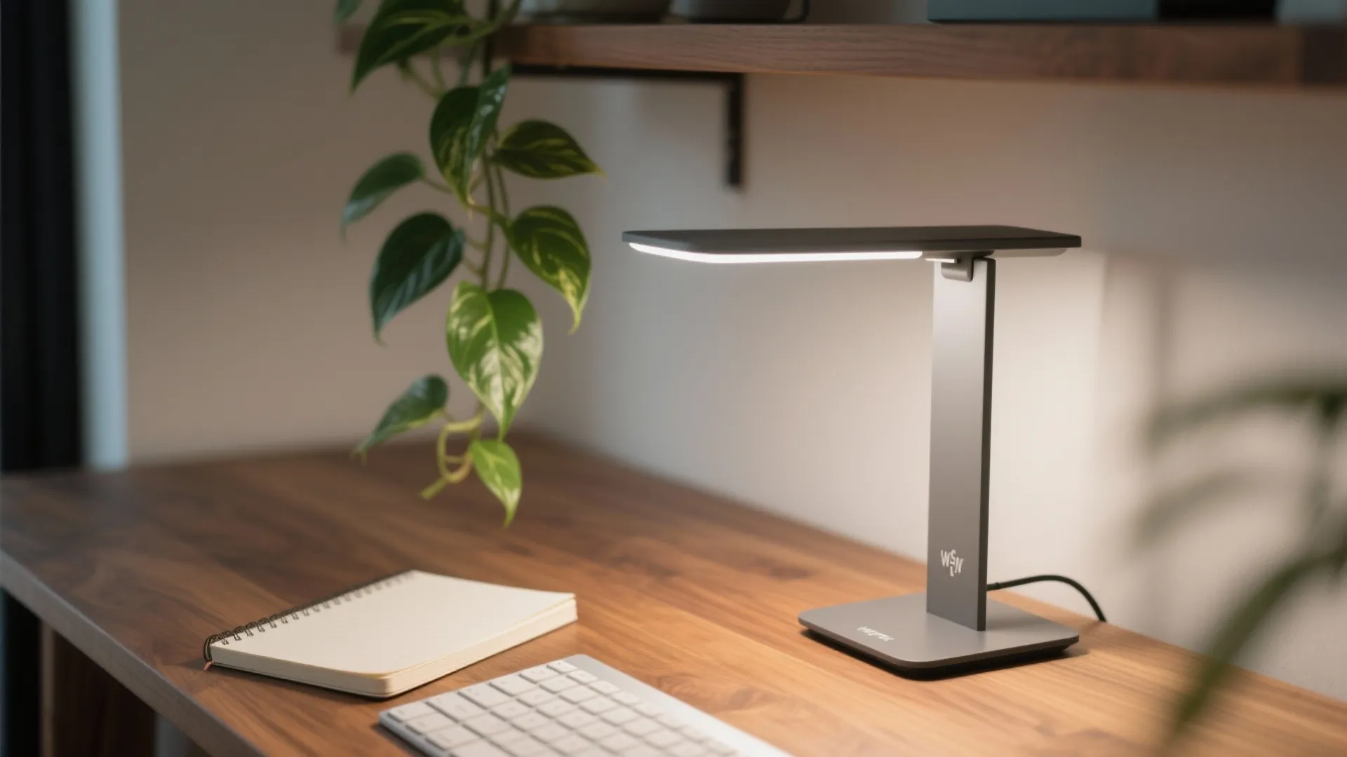 Grey desk lamp on wooden table with notebook keyboard and green plant in soft indoor light