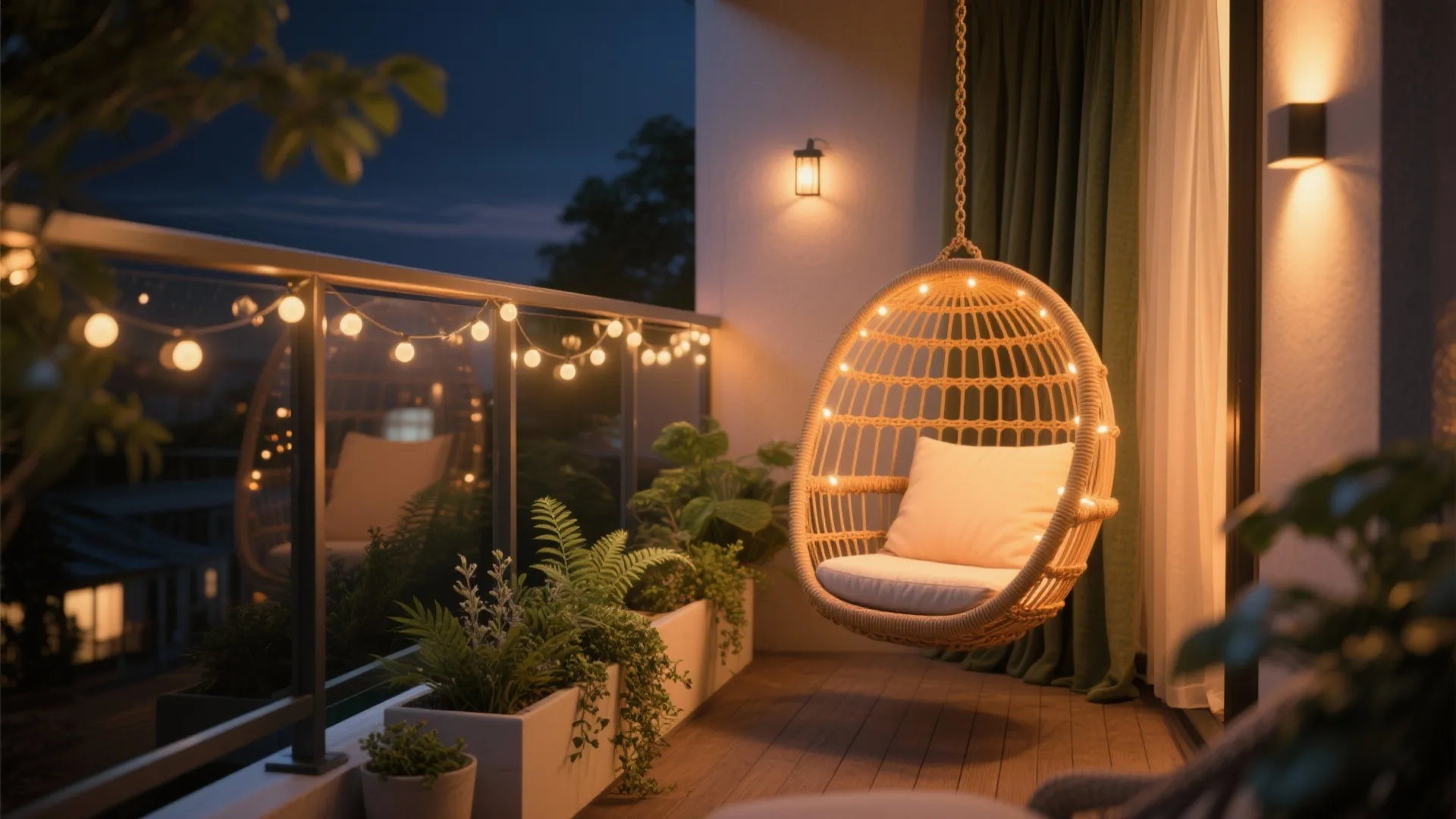 Cozy balcony at night with hanging swing chair decorative string lights potted plants and wooden flooring