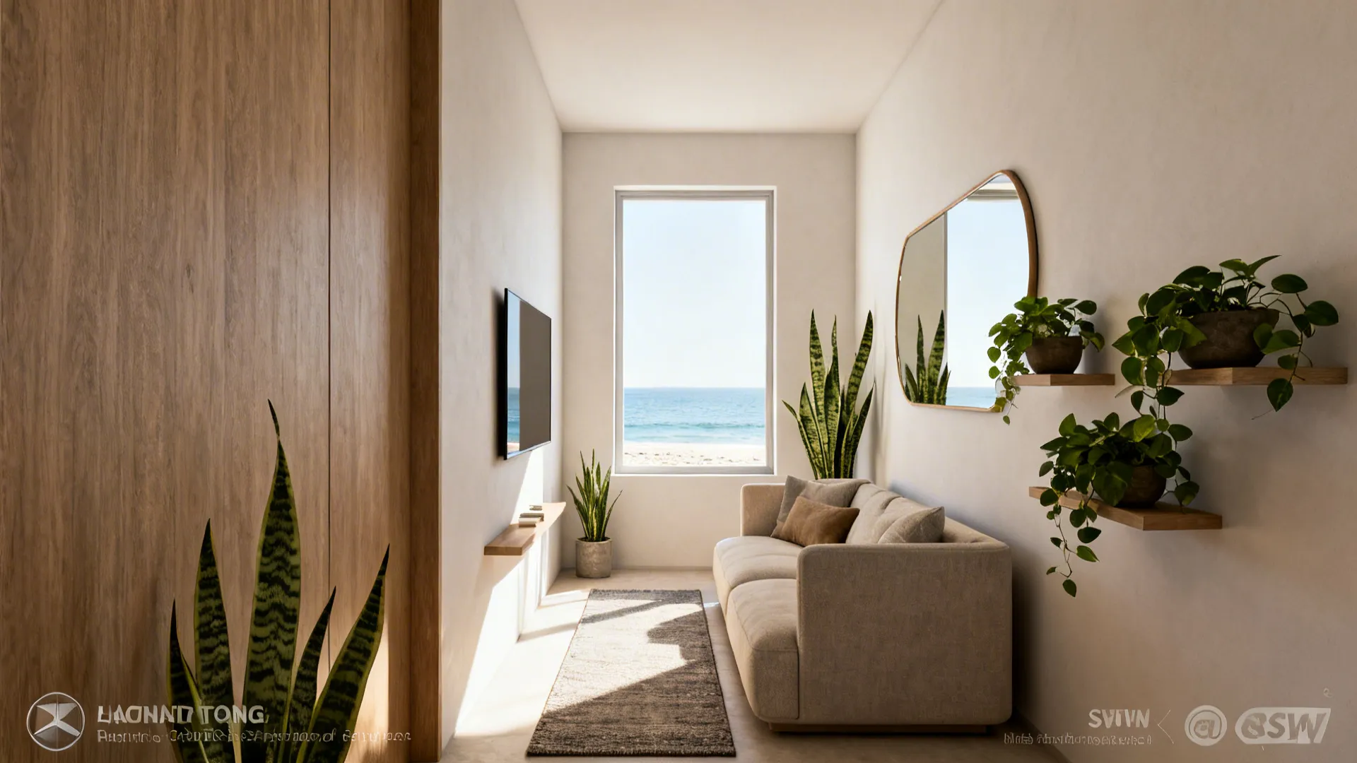 Narrow living room with seating angled to a window, mirror bouncing light, and a few low-maintenance plants.