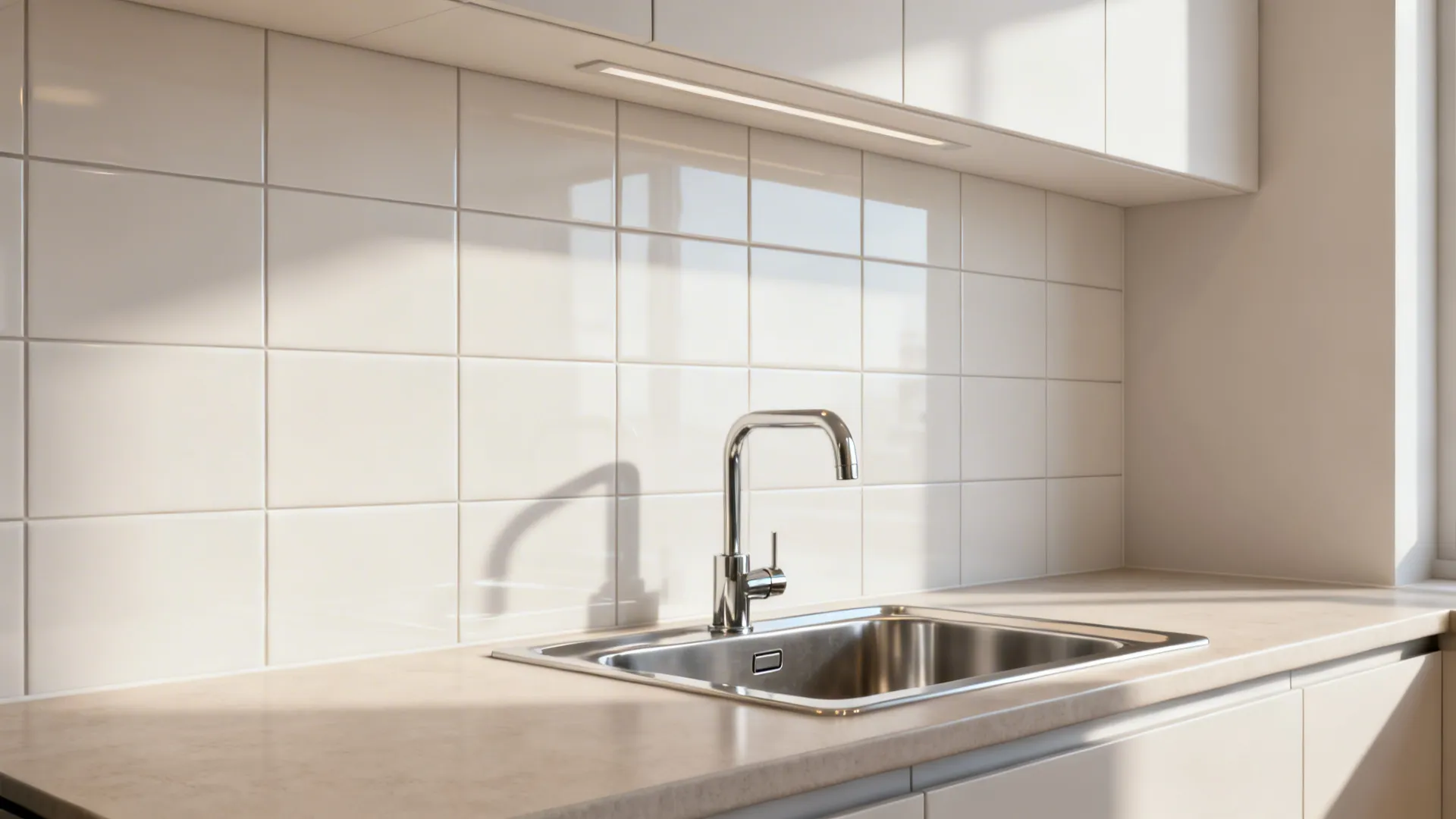 Large-format light taupe porcelain tiles with tight grout behind a stainless kitchen sink.