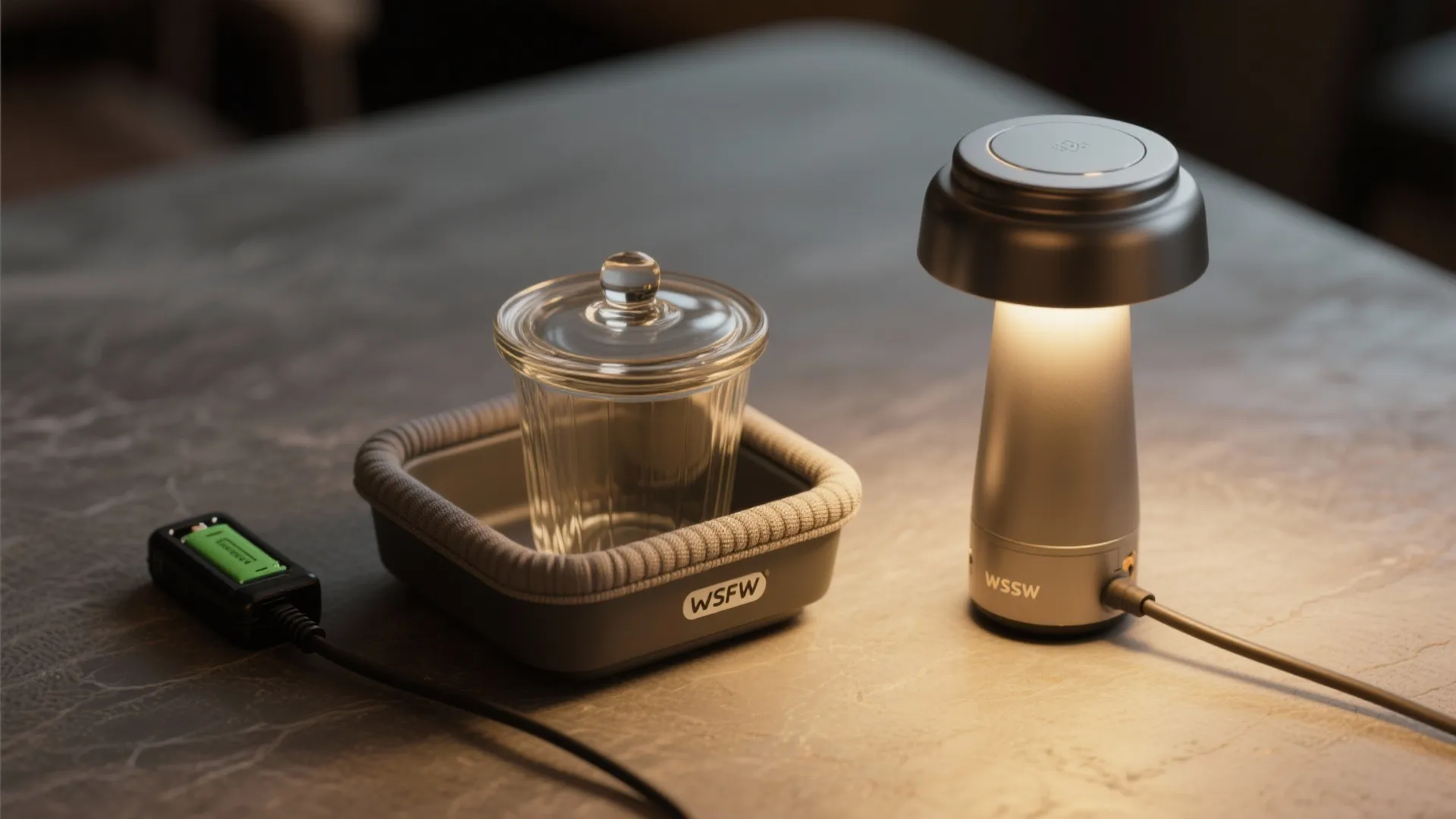 Modern grey table lamp lit up next to glass jar in tray on dark table
