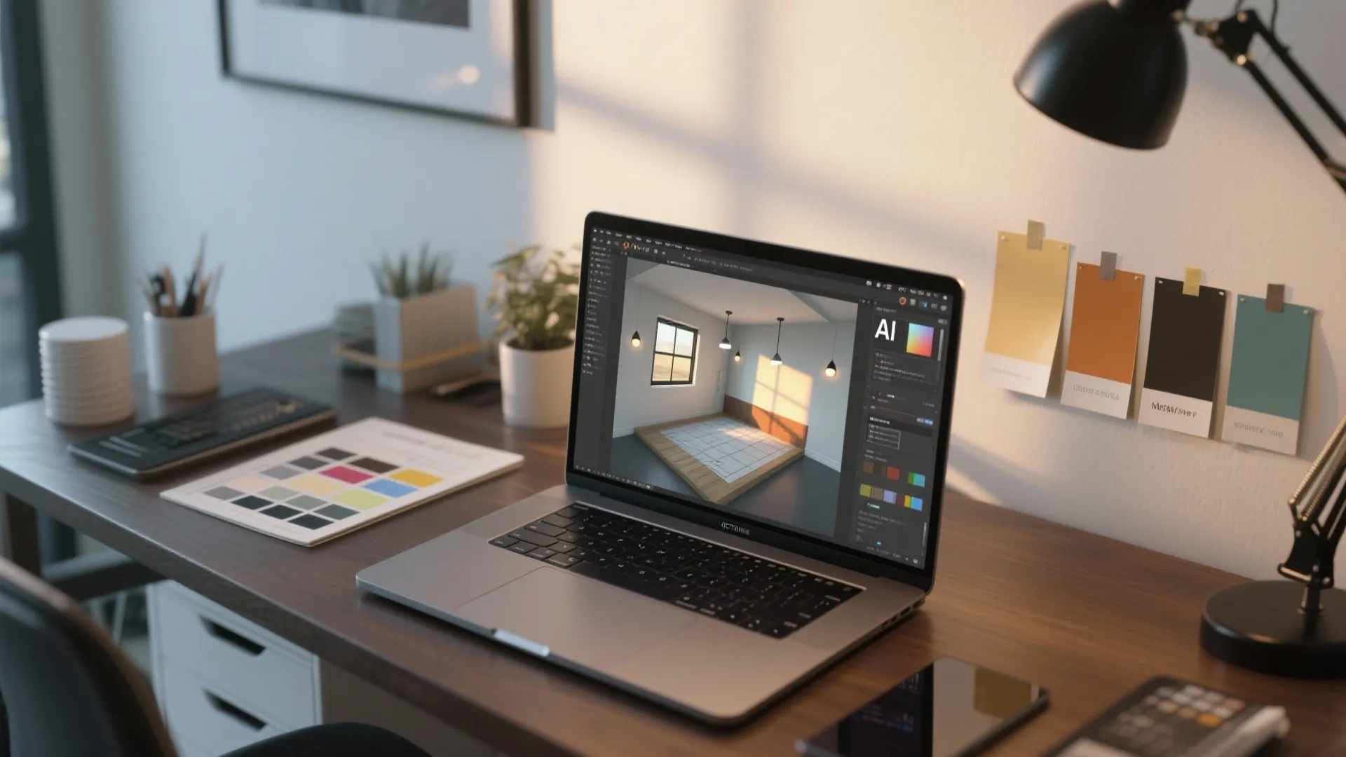 Laptop on a wooden desk showing interior design drawing software with a black desk lamp