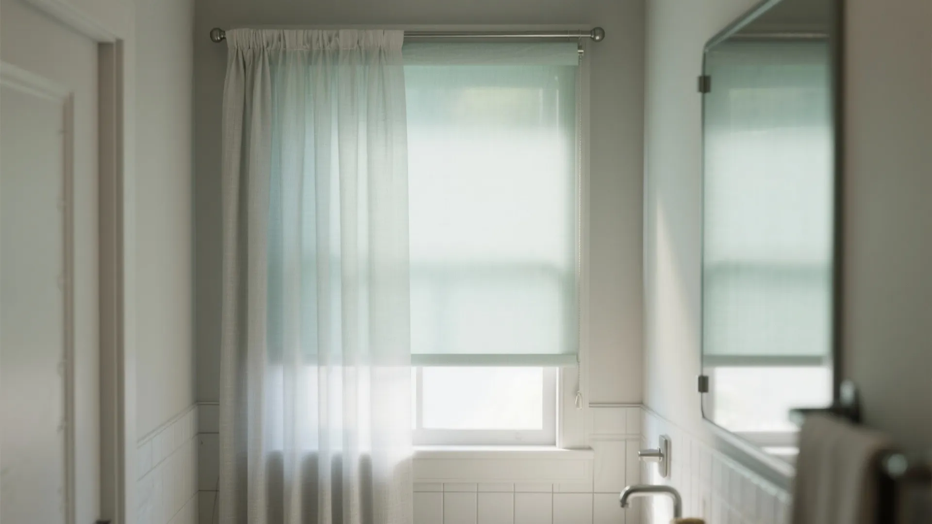 Bathroom window with white sheer curtain light green roller blind white tiles and wall mirror