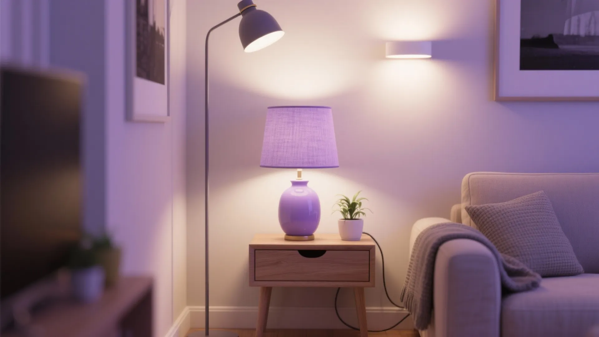 Warm living room scene with purple table light floor light wall light and grey sofa