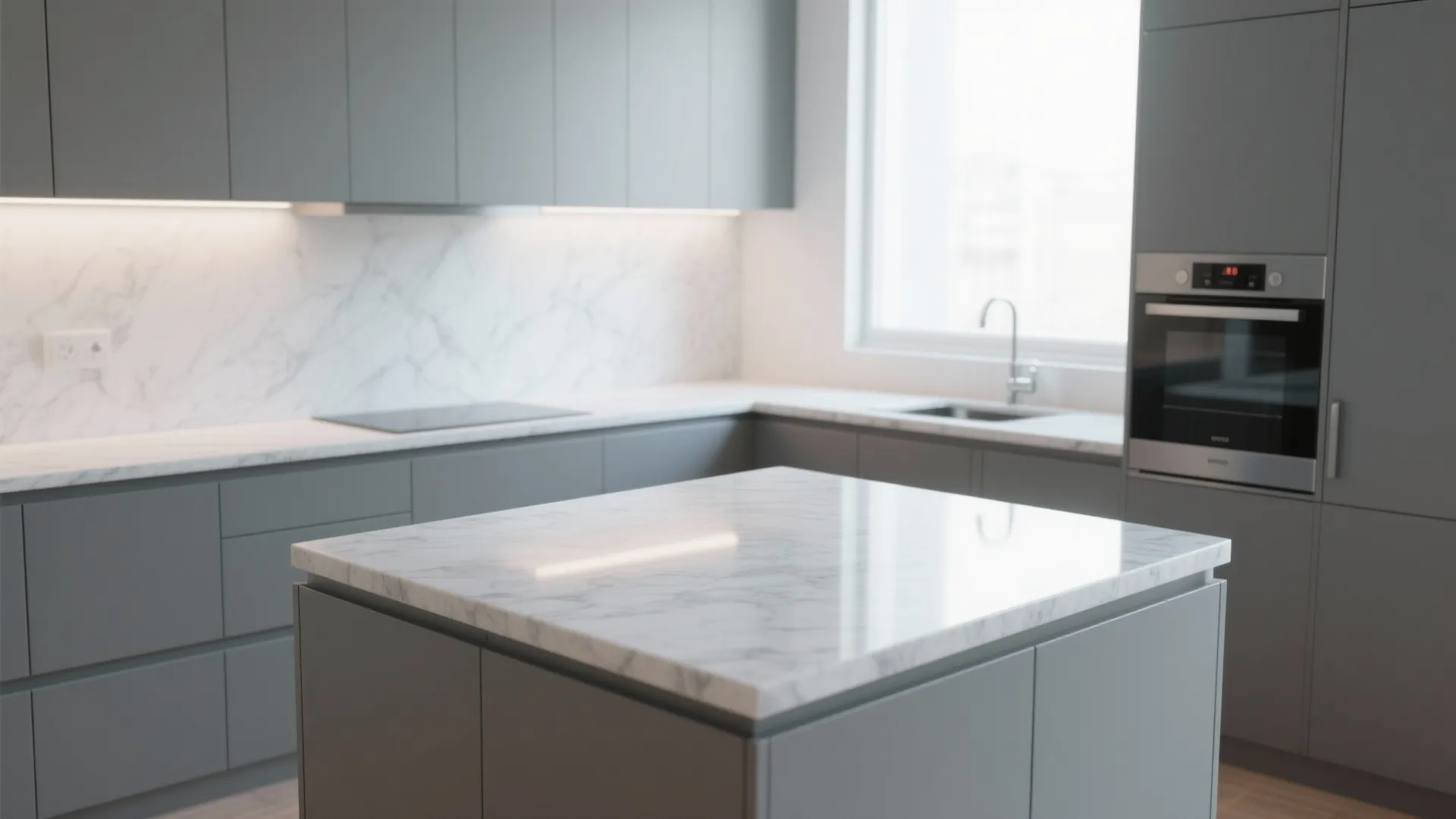 Modern bright kitchen with grey cabinets marble island sink by window and built in oven