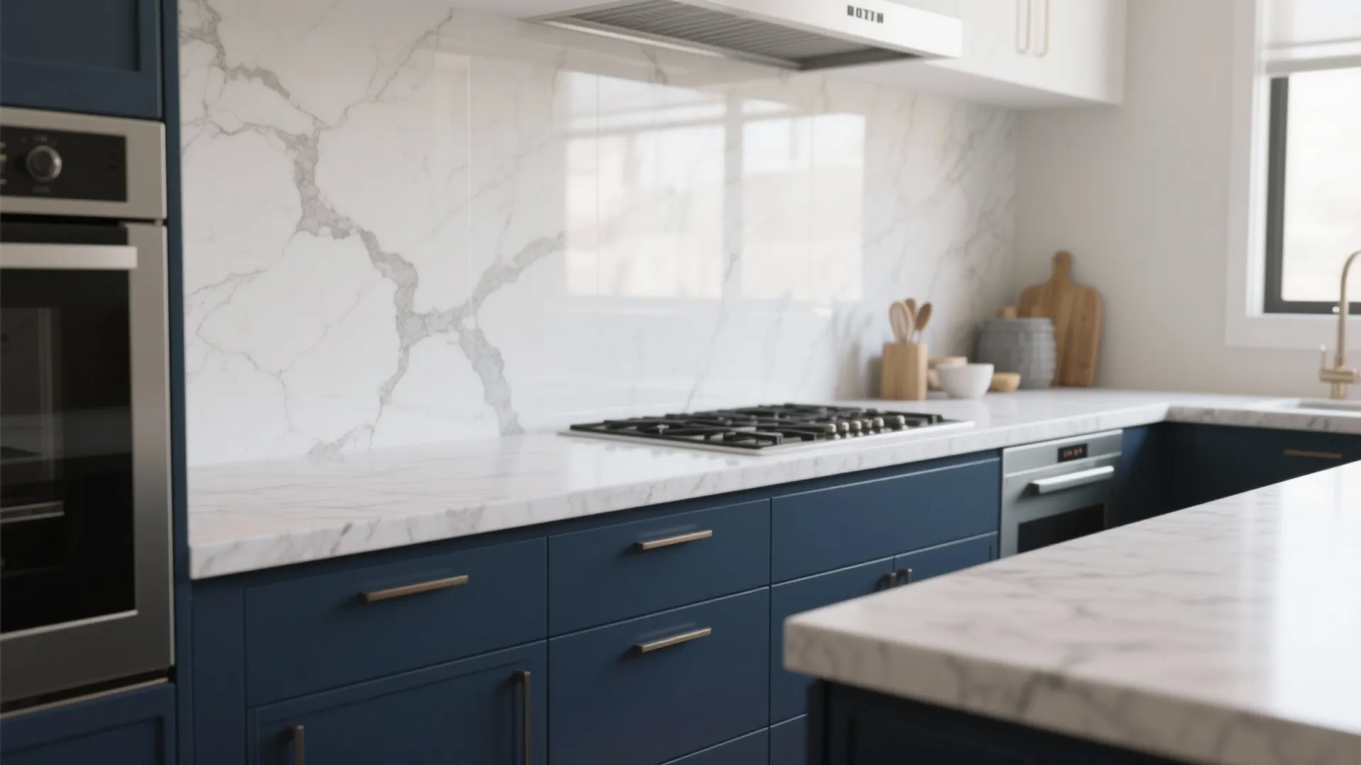3. Use light countertops and backsplashes to balance depth