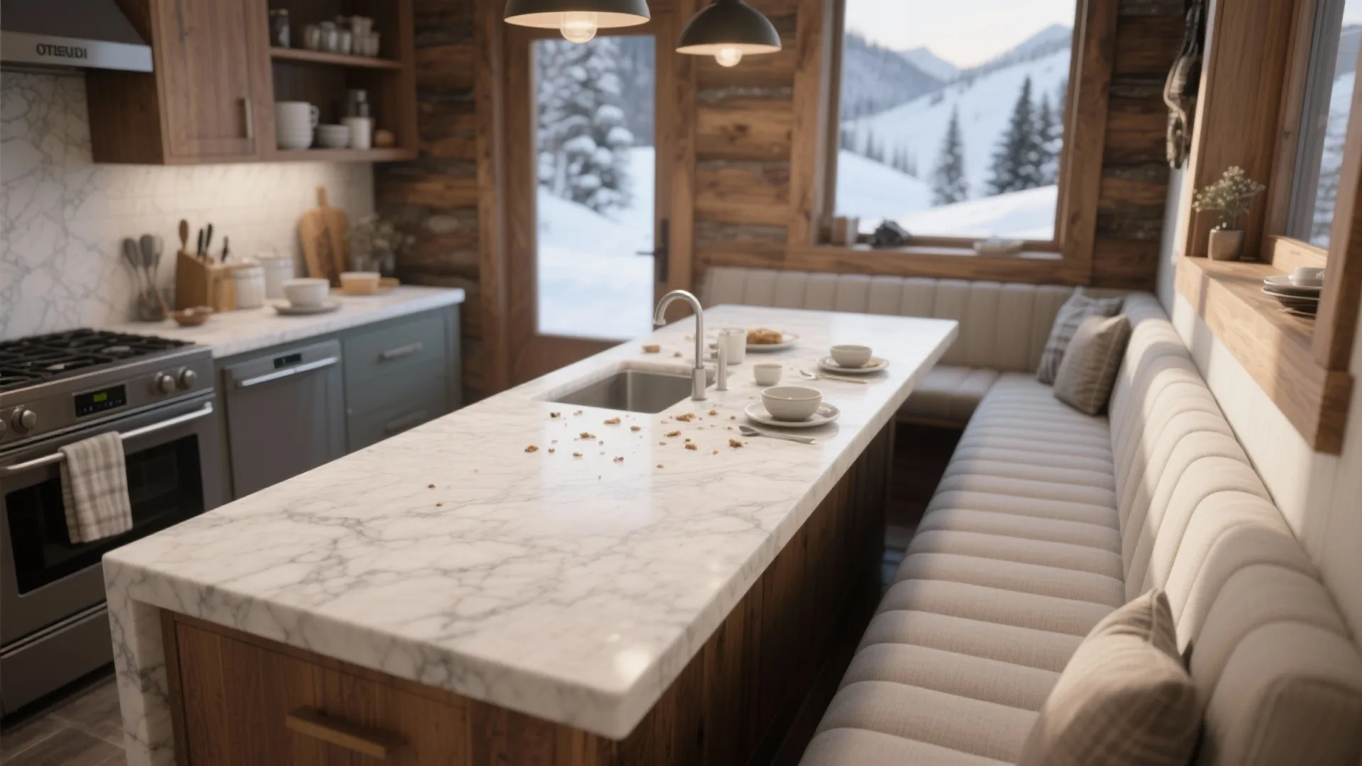 3. Light Stone Countertops with Integrated Seating