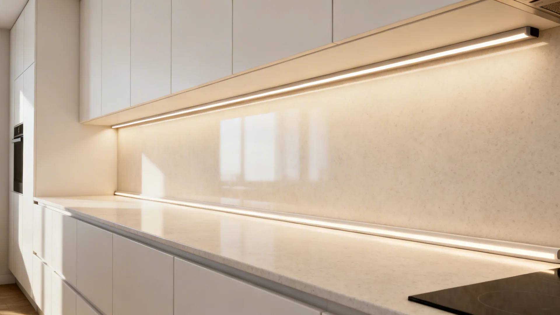 Under-cabinet LEDs hidden by a slim light rail for glare-free task lighting.