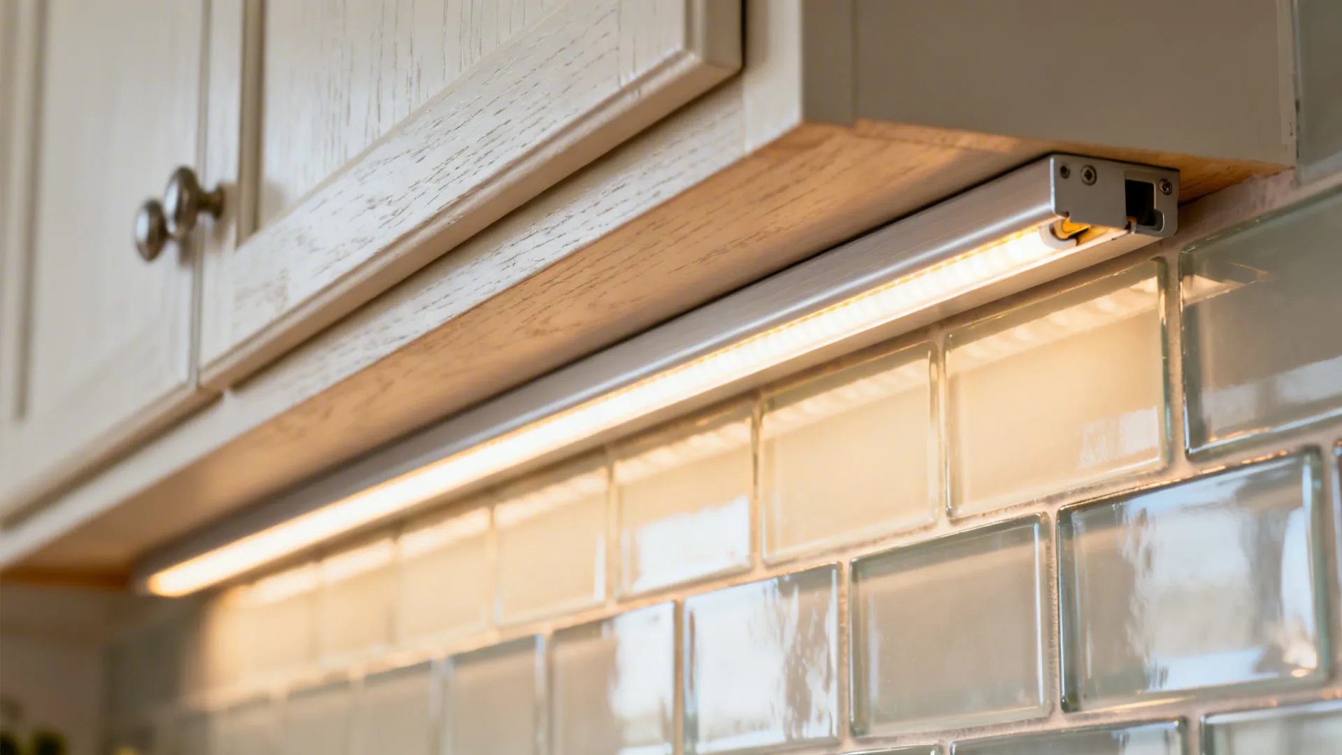 Macro of a slim light rail concealing an LED strip under an upper cabinet.