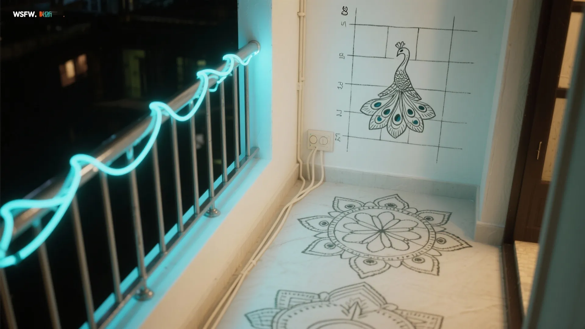 Top-down view of LED rope rangoli along the railing with chalk grid alignment marks.