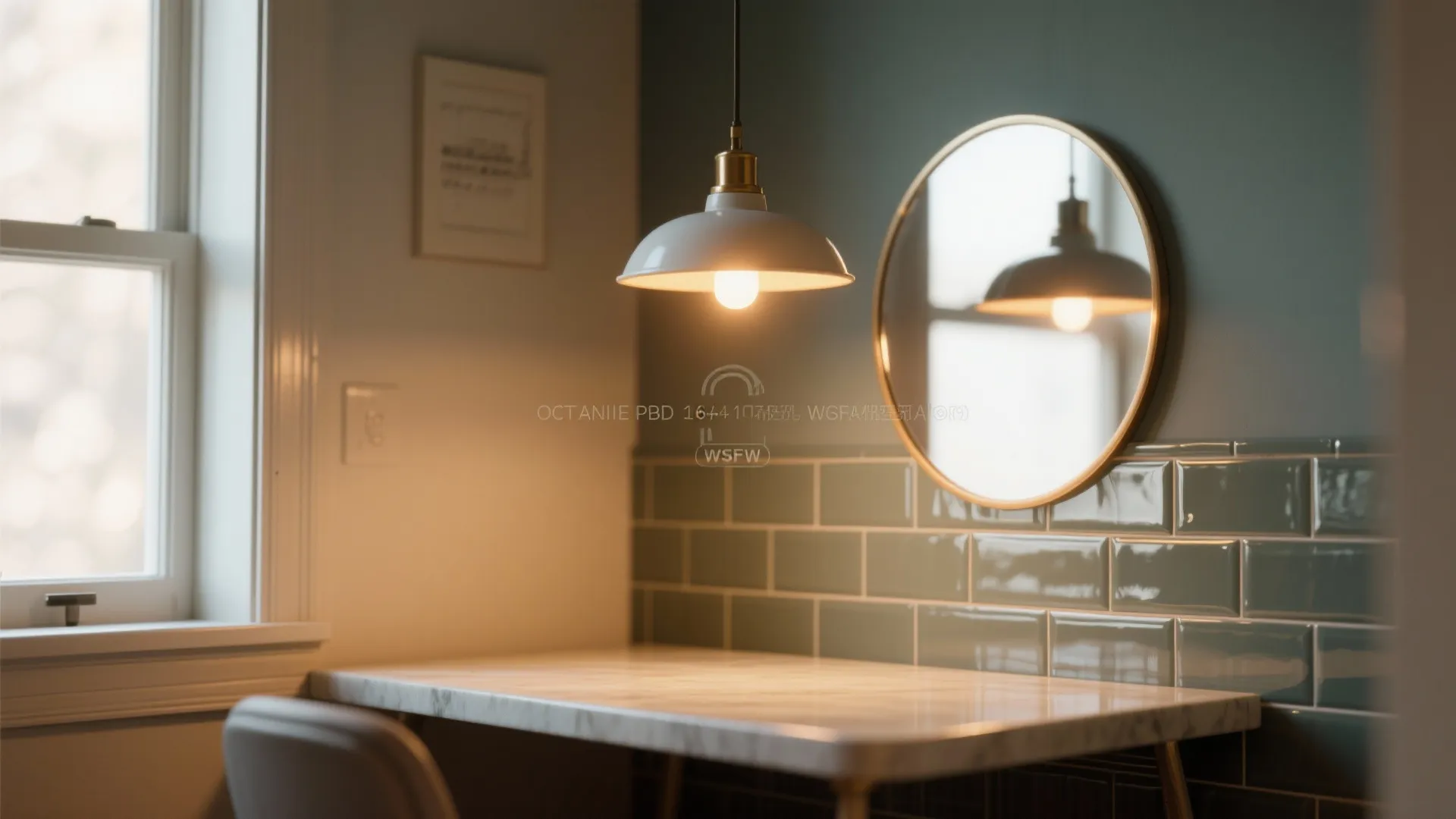 Warm ceiling light reflecting in a round mirror above a white marble table and green tiles