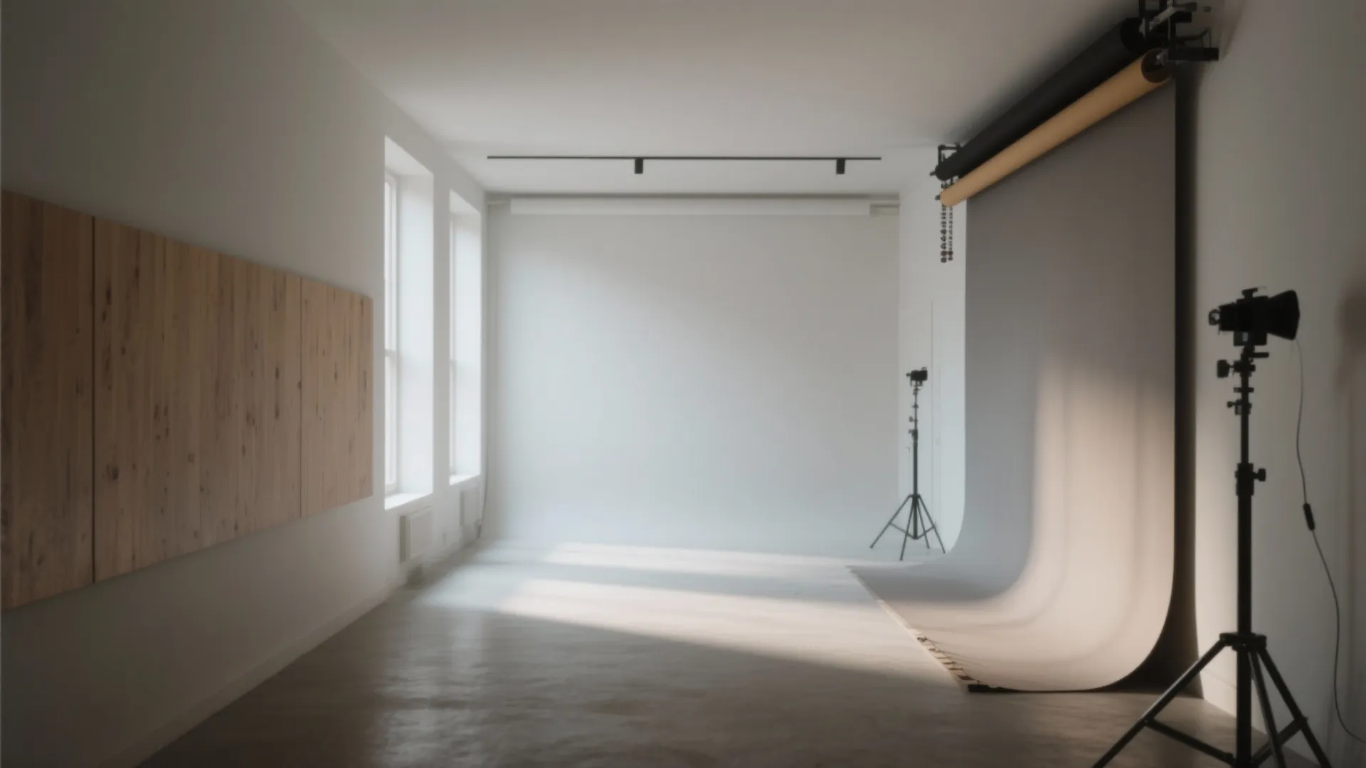 Professional photography studio with white background, studio lights, windows, and wood wall panel on left