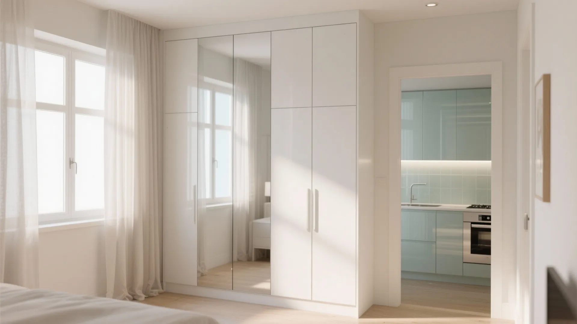 Light, Reflective Surfaces: Glass Backsplash, Mirror Wardrobes, High-LRV Paint
