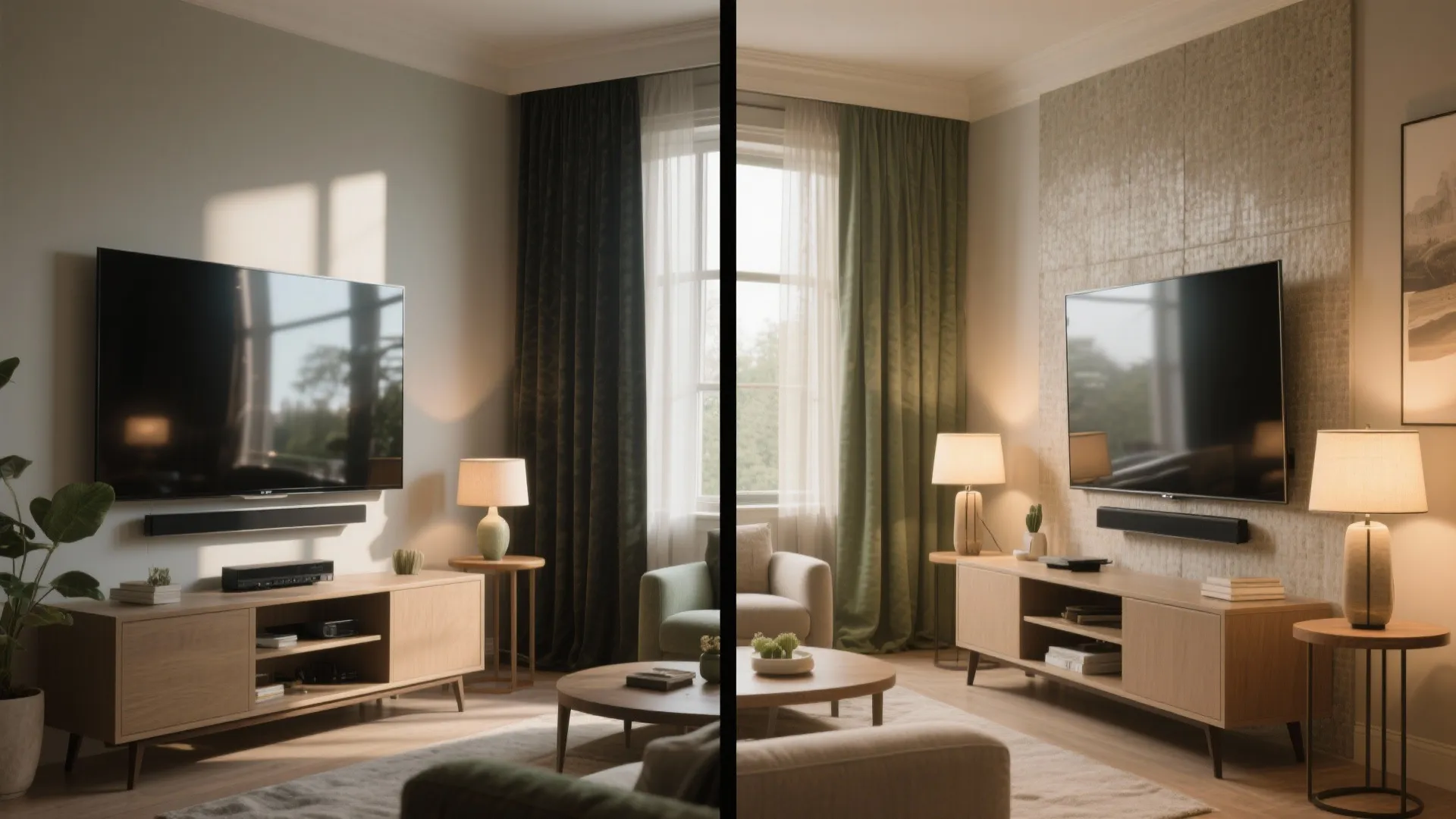 Before and after comparison showing living room lighting effects on television screen and wall panel