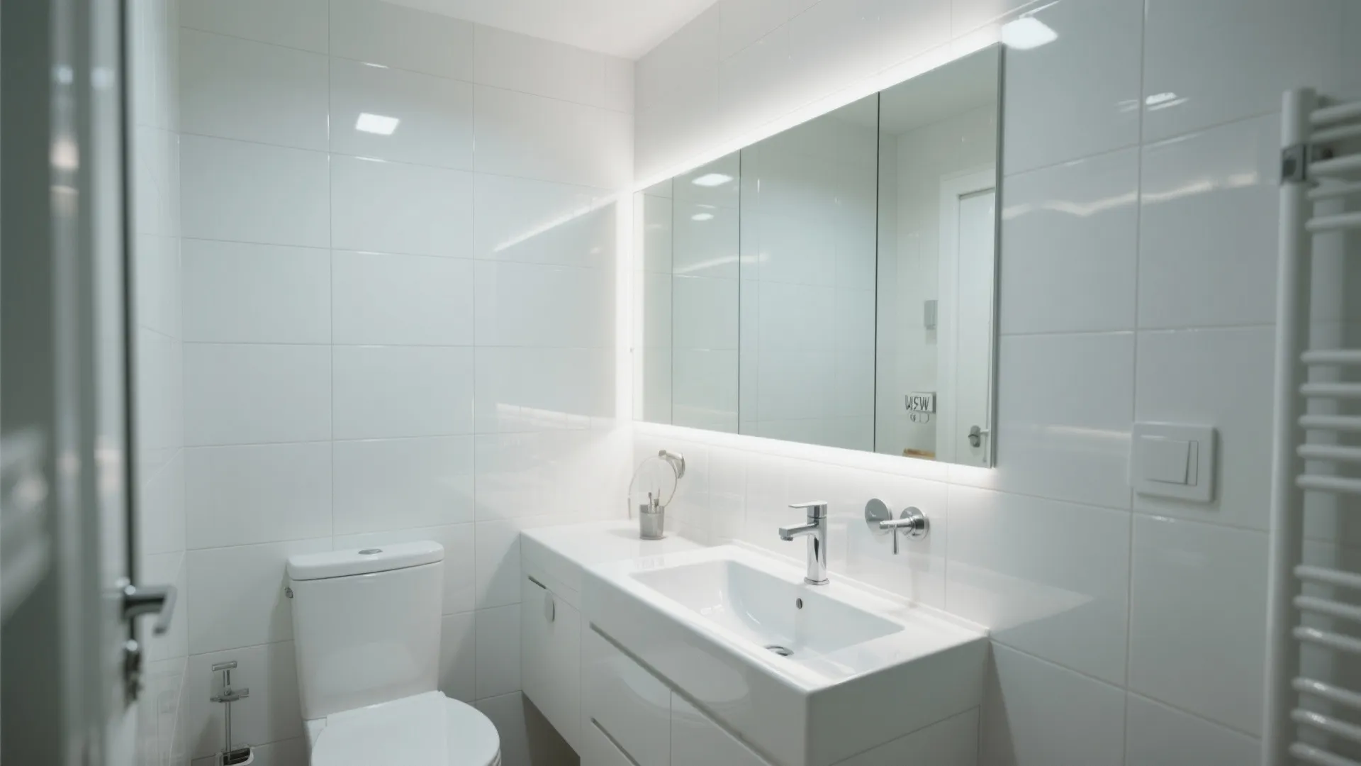 Glossy tiles and large mirror brightening small bathroom