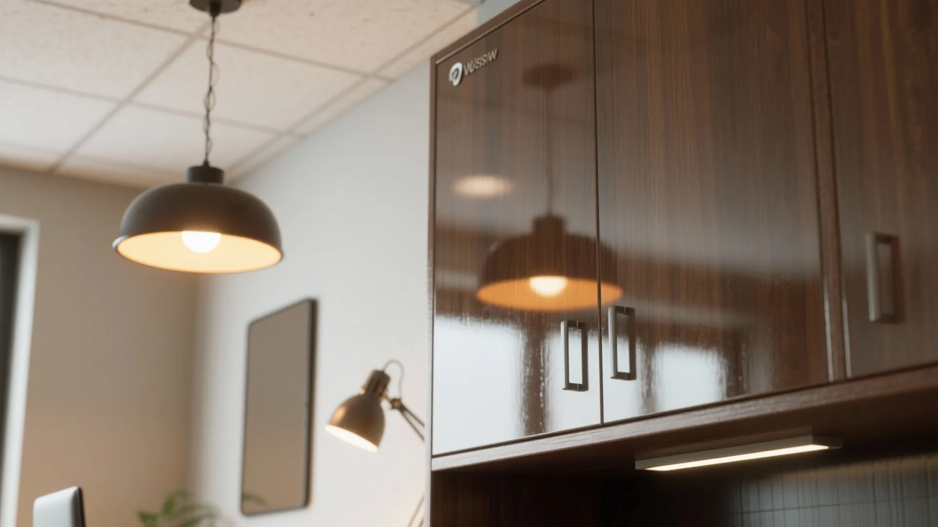 Close-up of high-gloss cabinetry and warm task lighting highlighting reflective and painted-surface tricks in a small office.