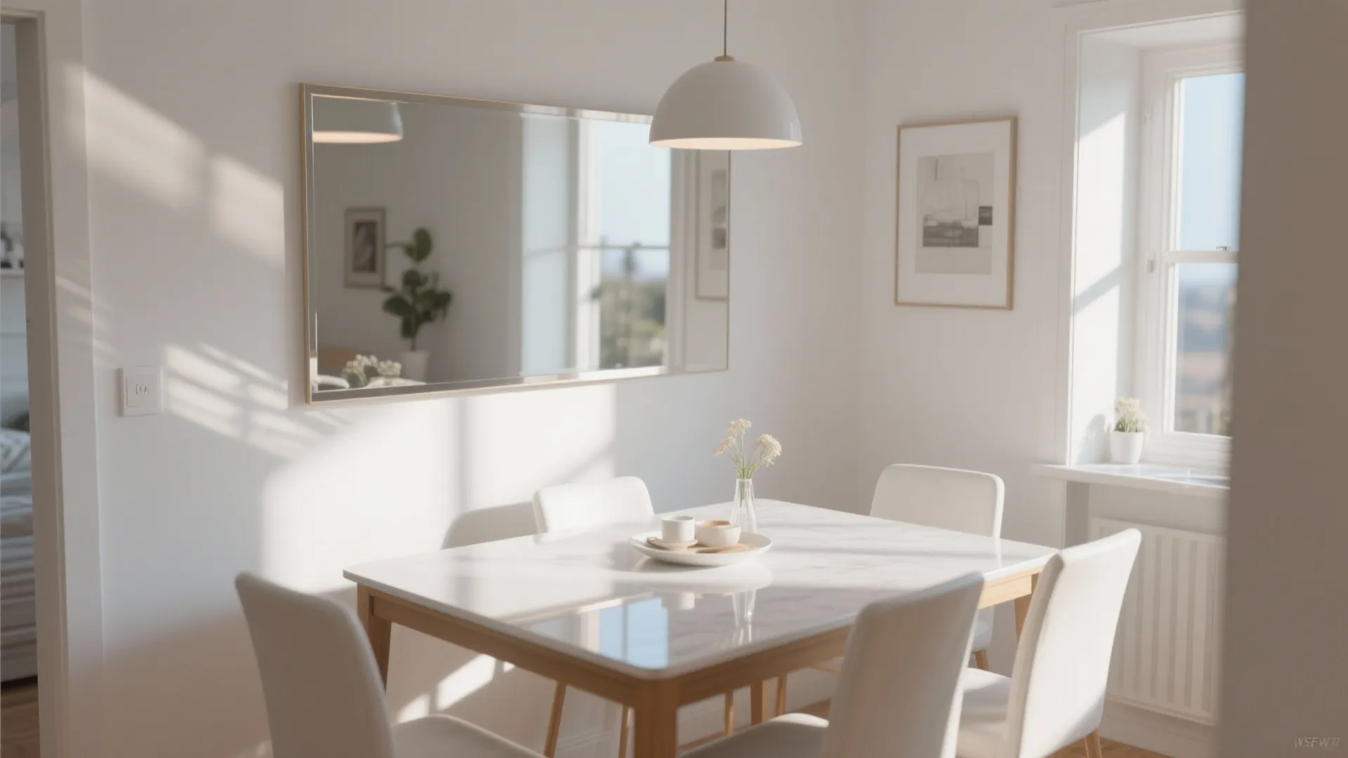 Bright dining room with white table chairs large wall mirror and sunlight from side window