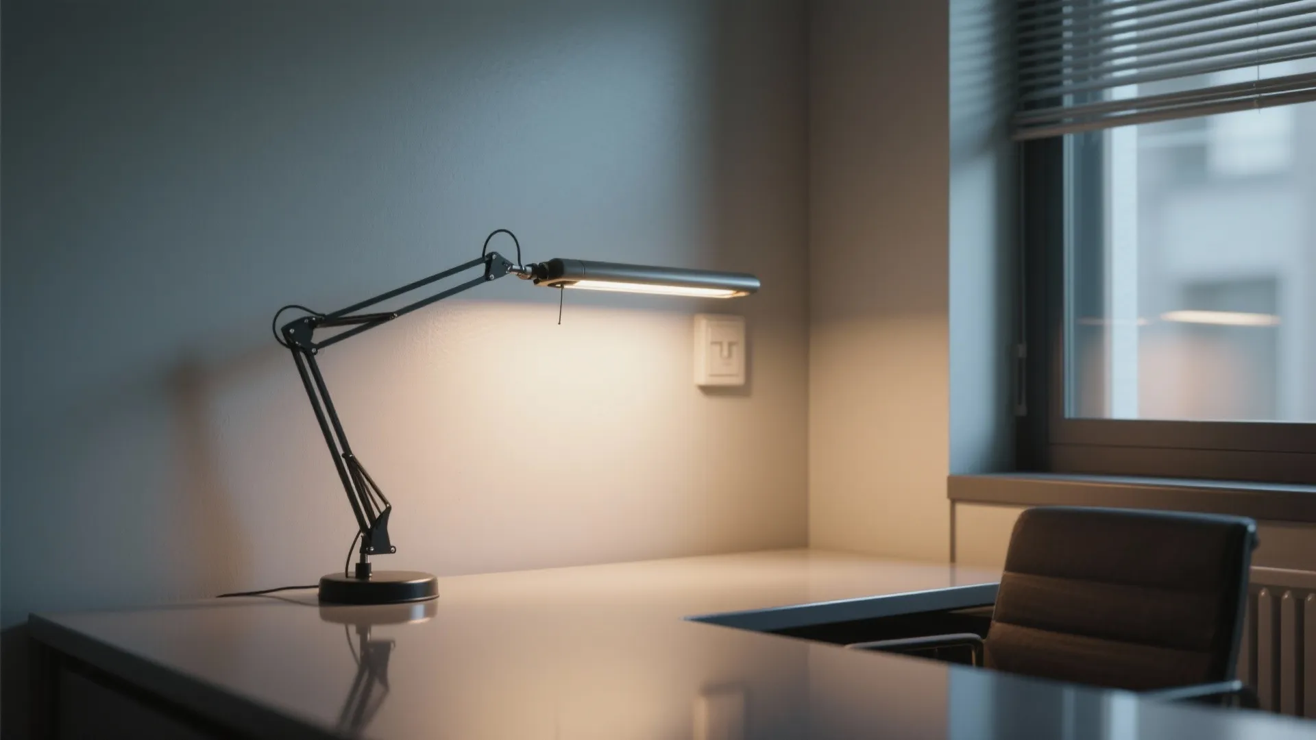Modern office desk with black desk lamp warm light reflected on white wall and window