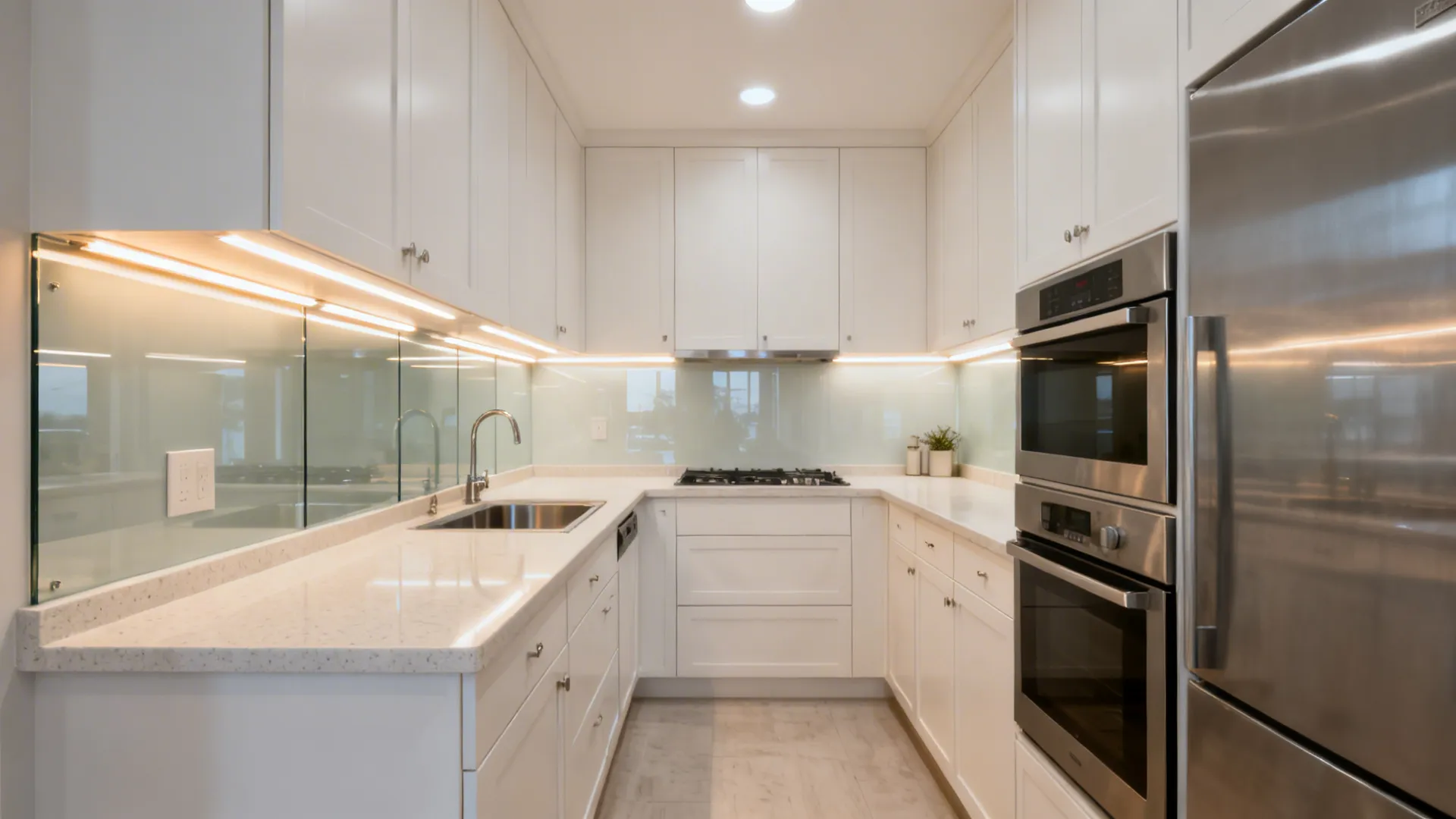 Small modern kitchen with satin-white cabinets, pale quartz, glass backsplash, and layered warm LEDs.