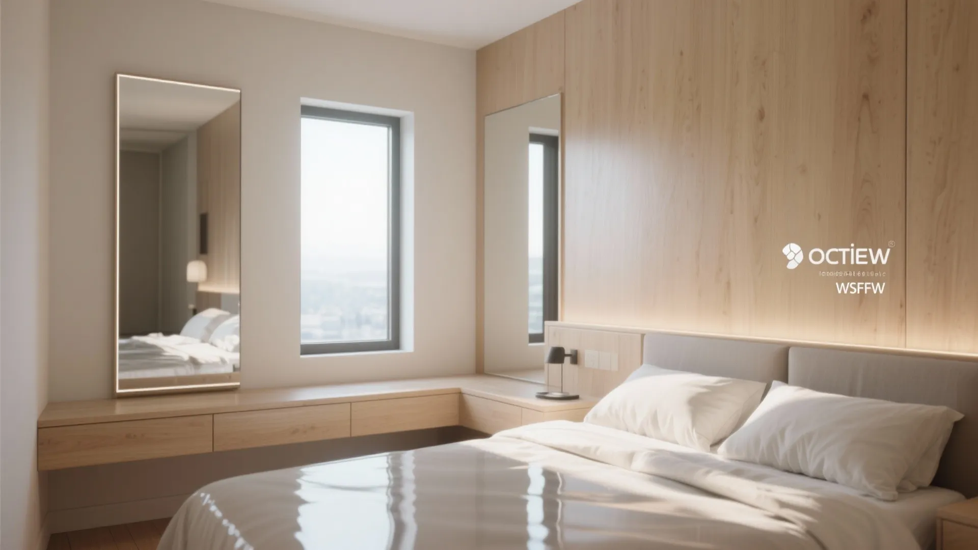 Small bedroom with mirror and glossy finishes to enhance light