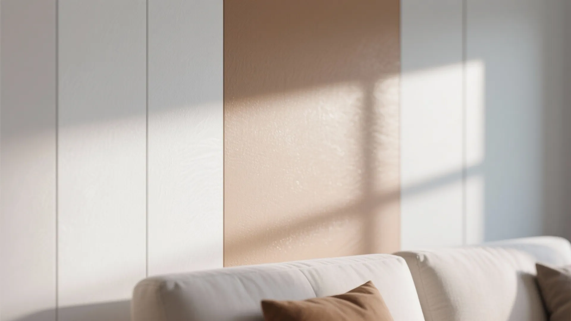 Close up view of white wall panel and beige wall with sunlight reflecting on sofa