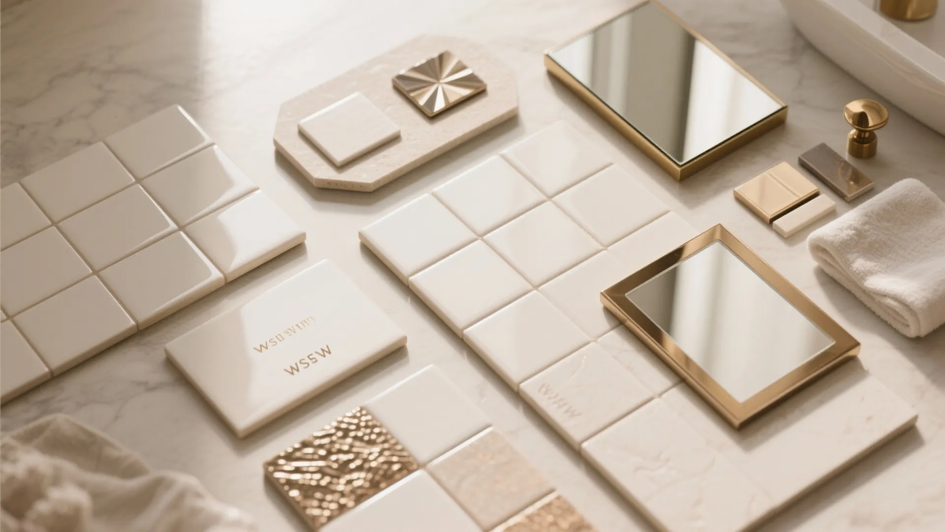 Collection of white ceramic tiles gold hardware and small mirrors for bathroom interior material selection