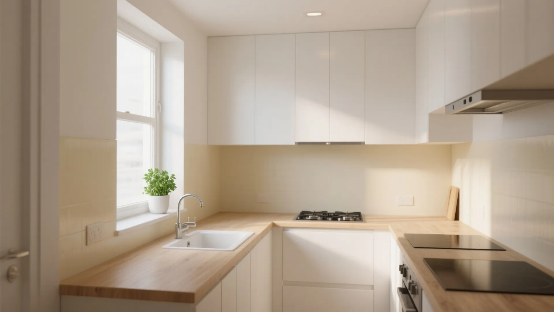 Modern kitchen with white cabinets wooden countertop white sink gas stove and bright natural window light