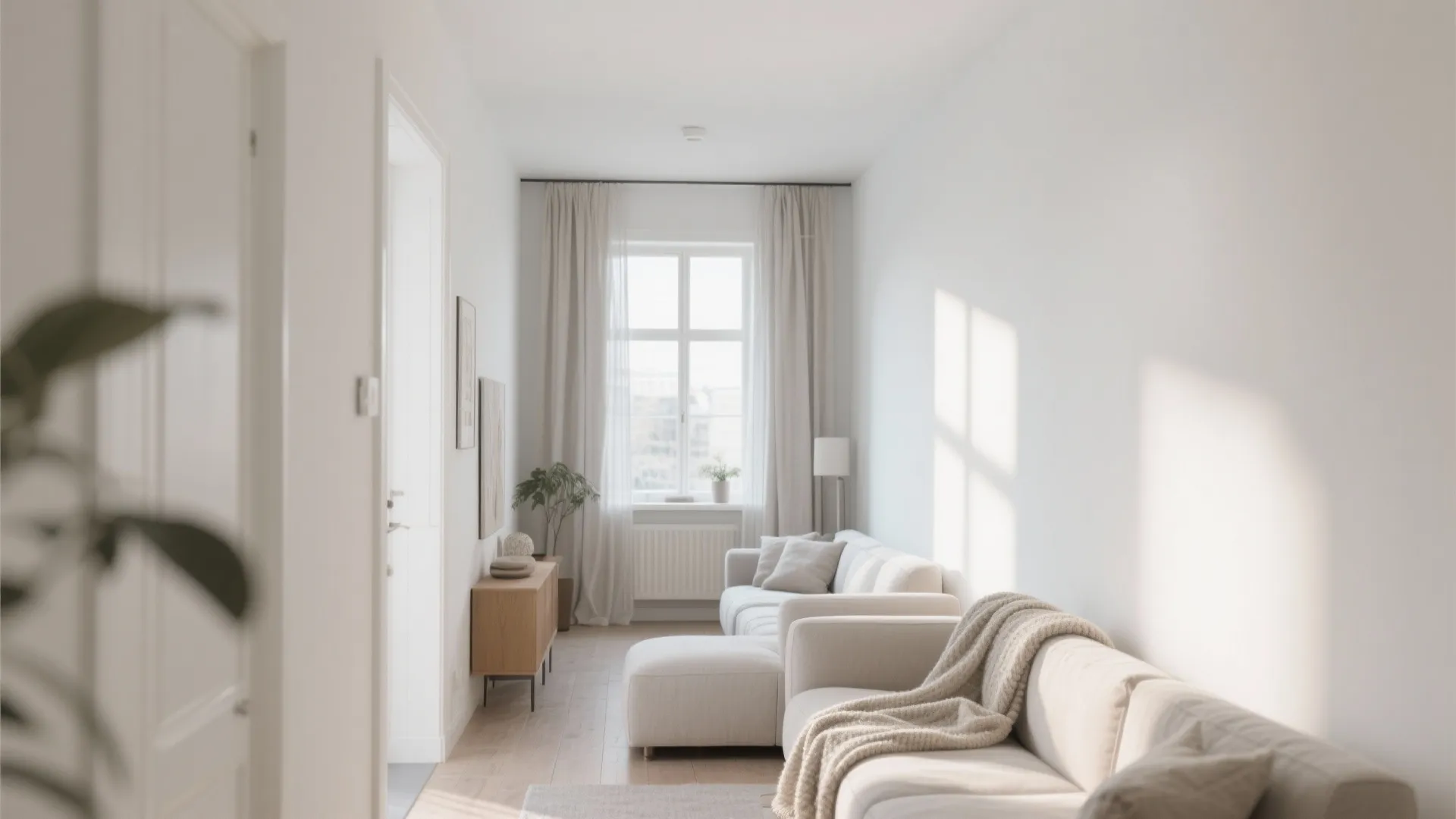 Narrow white living room with soft natural sunlight cream sofa wooden cabinet and long white curtains