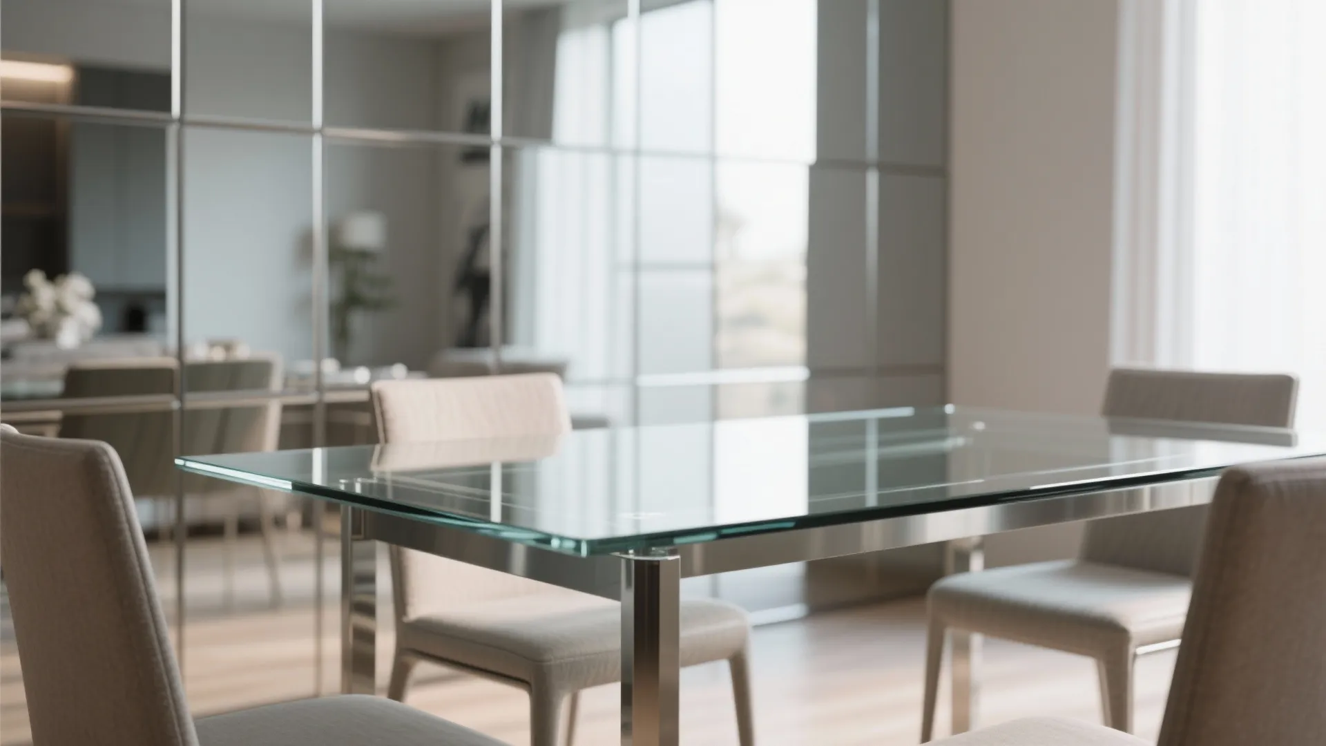 Glass dining table with metal legs and beige chairs positioned in front of mirrored wall panels