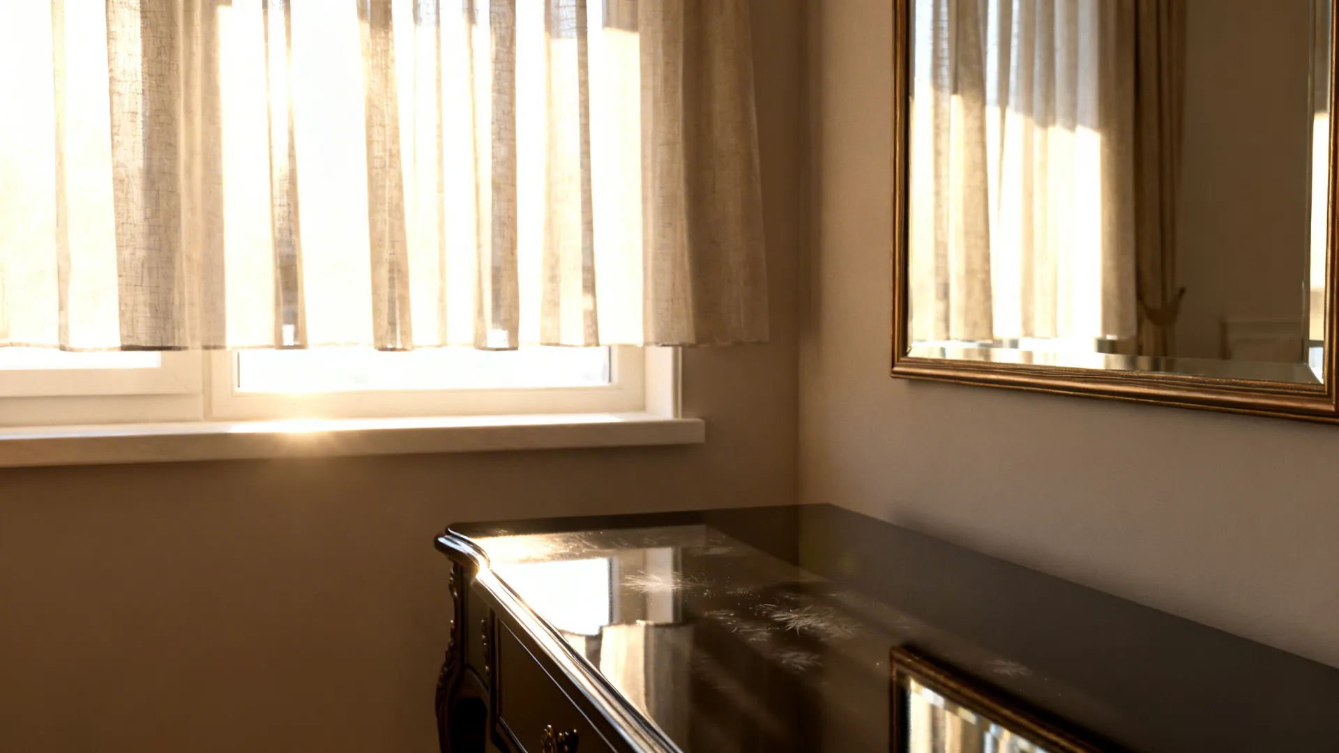 Sunlight reflecting on dark polished cabinet surface next to window with curtains and wall mirror