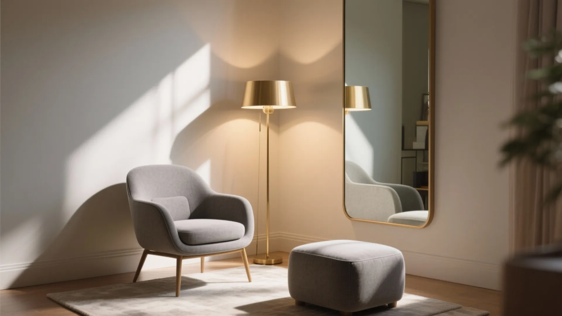 Modern grey armchair with gold floor light and large mirror reflecting the warm living room