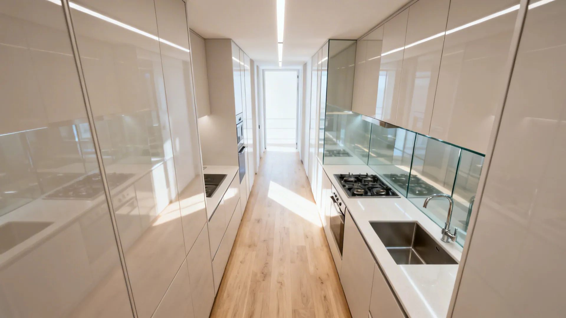 Top-view of a bright compact kitchen with glass backsplash and linear lighting defining the center path.